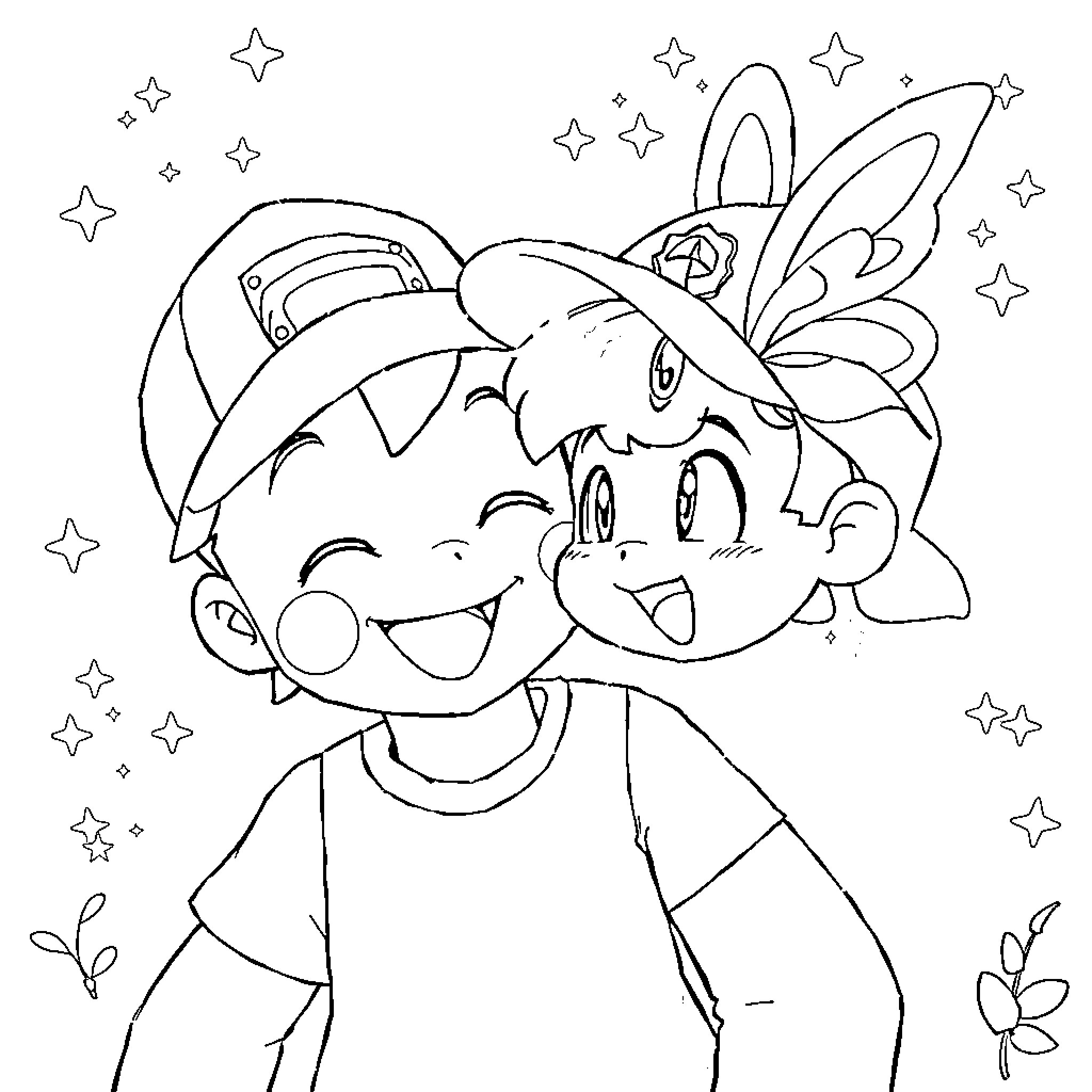 Ash Ketchum's Playful Expressions and Adventurous Outfit Coloring Page (free black-and-white line drawing printable PDF for all, from beginners to advanced learners, including children, teens, adults, and seniors)