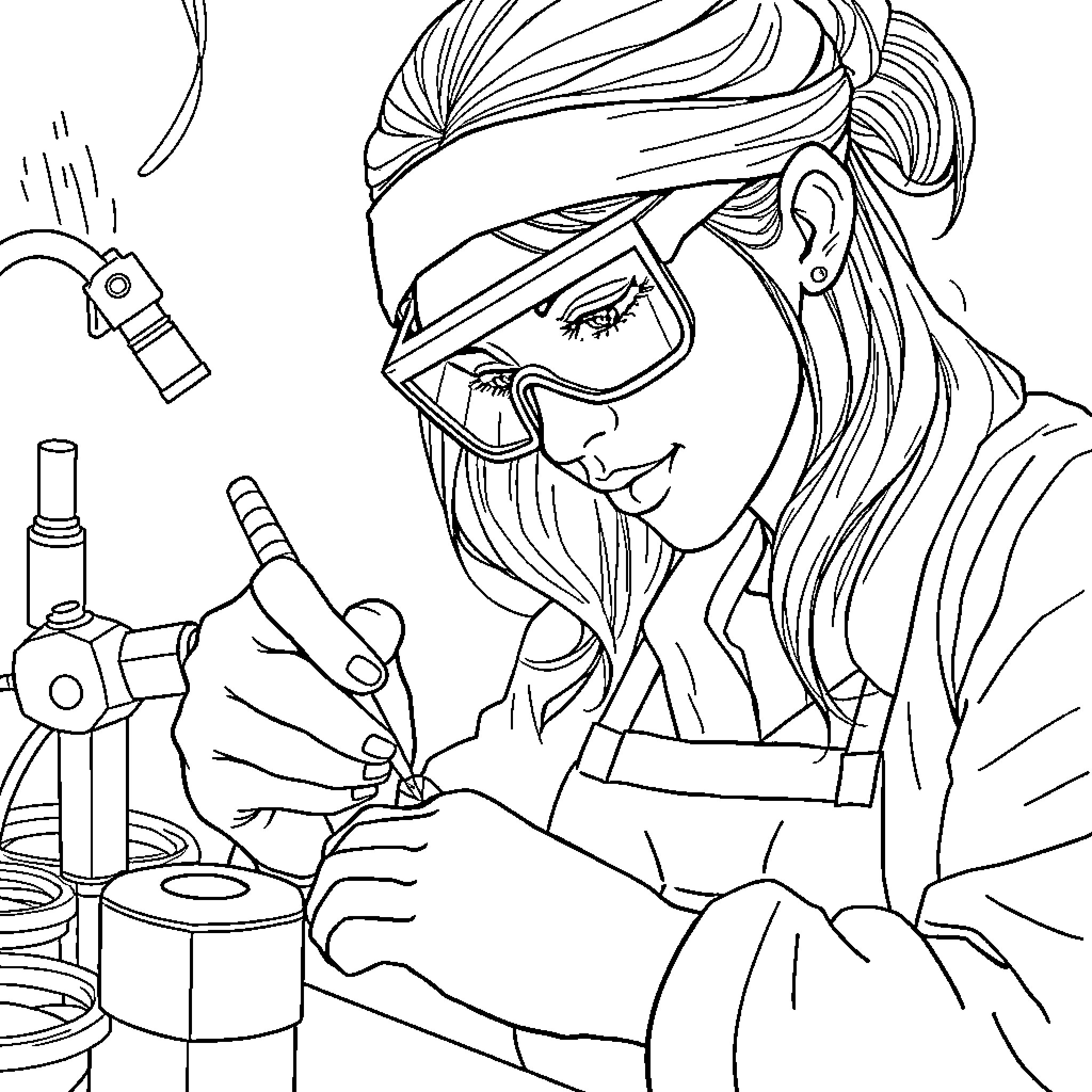Jeweler crafting intricate jewelry with focused expression Coloring Page (free black-and-white line drawing printable PDF for all, from beginners to advanced learners, including children, teens, adults, and seniors)