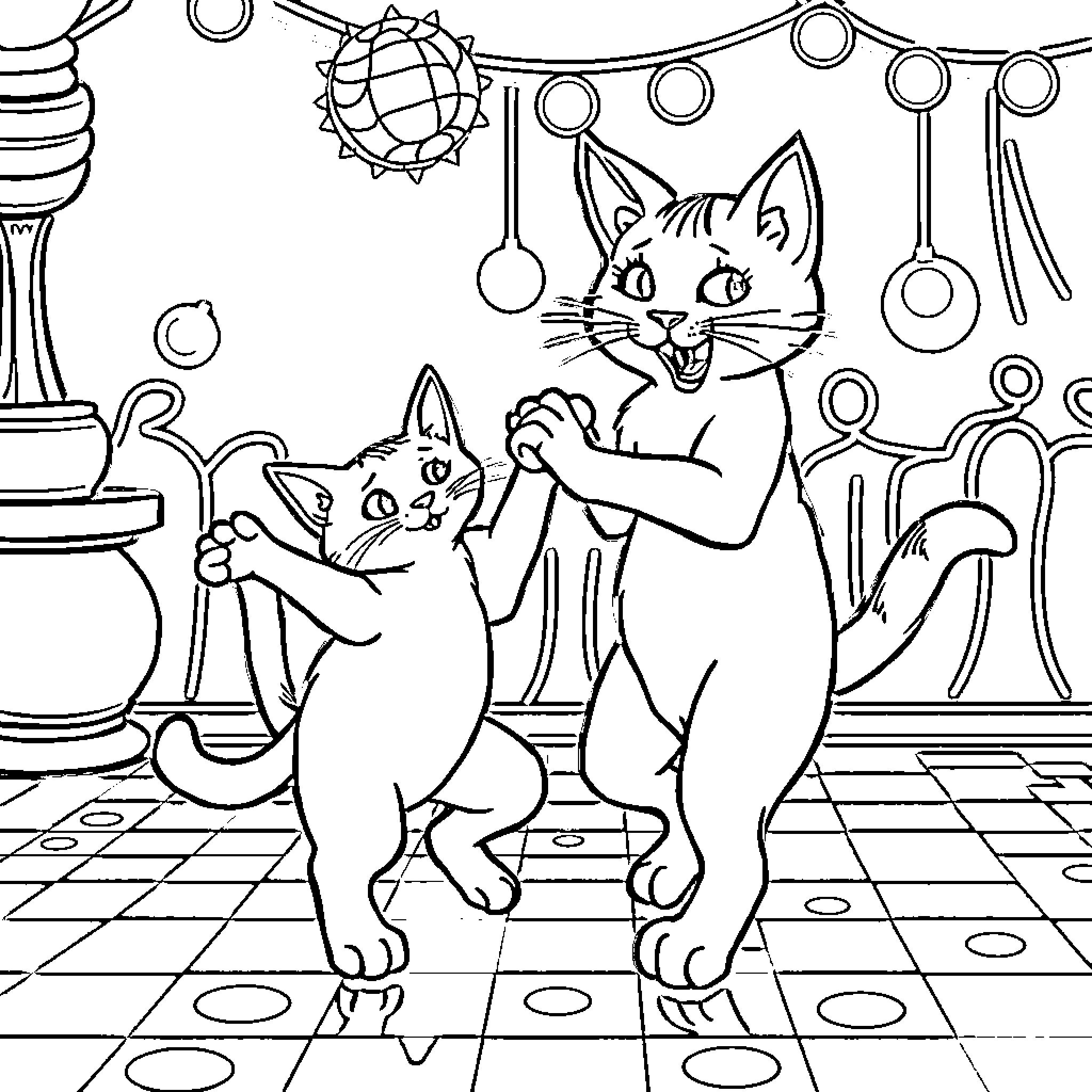 Cats Playing Joyfully in Decorated Room Coloring Page (free black-and-white line drawing printable PDF for all, from beginners to advanced learners, including children, teens, adults, and seniors)