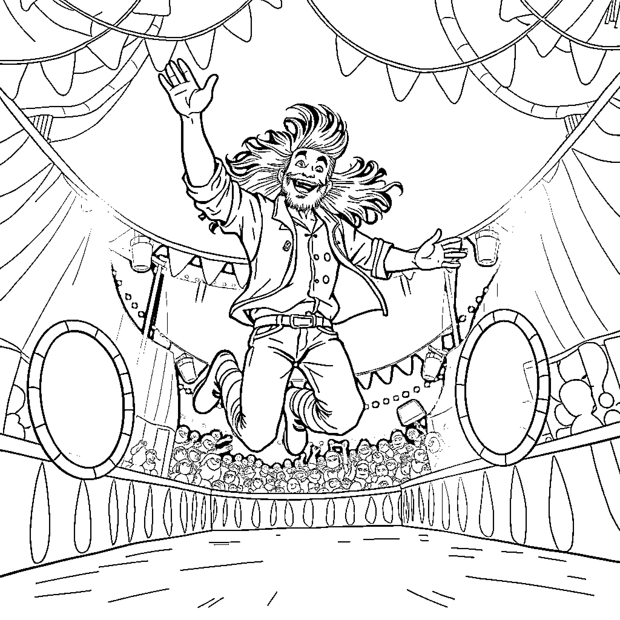 Man enthusiastically performing on stage Coloring Page (free black-and-white line drawing printable PDF for all, from beginners to advanced learners, including children, teens, adults, and seniors)