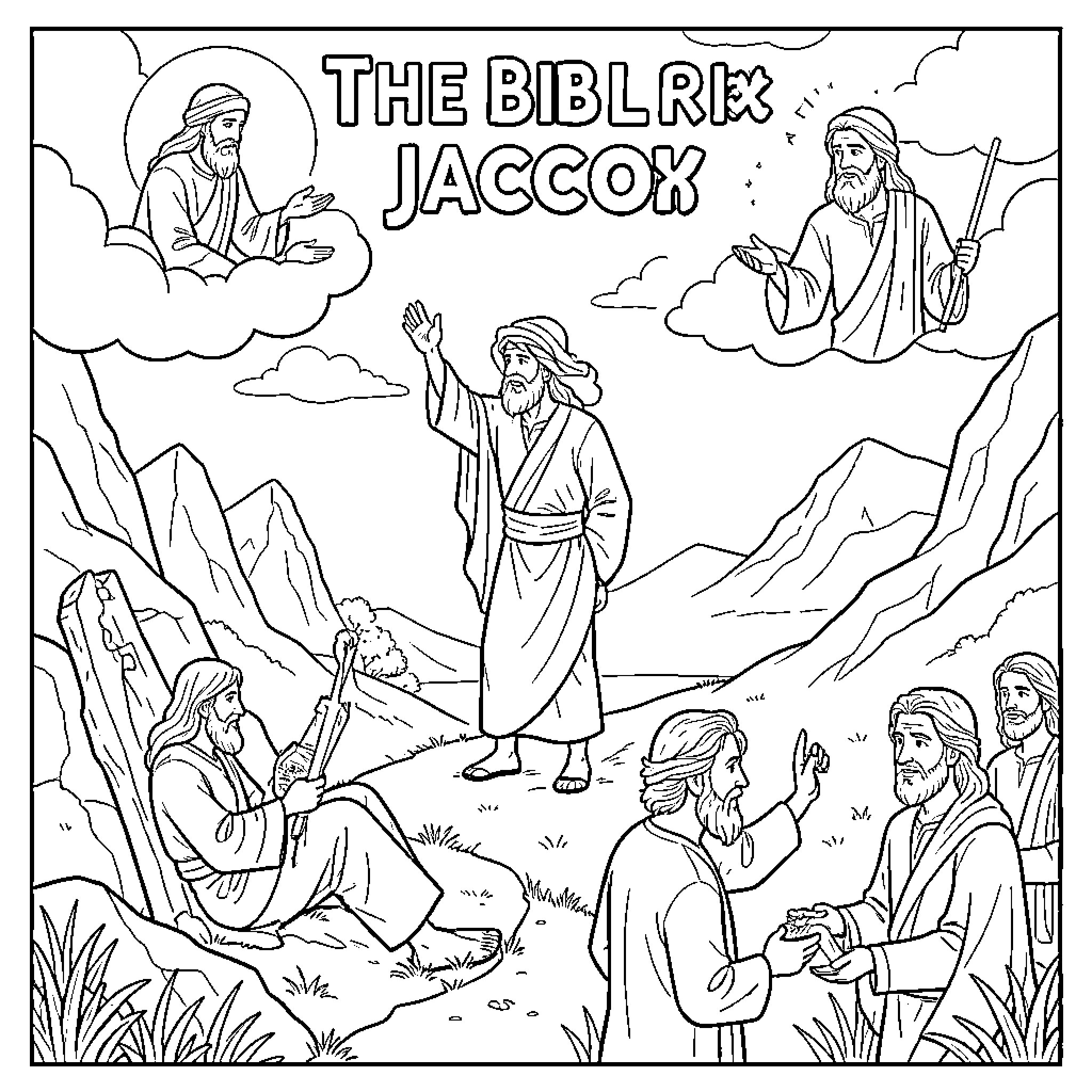 Jacob's Encounter with the Divine in the Mountains Coloring Page (free black-and-white line drawing printable PDF for all, from beginners to advanced learners, including children, teens, adults, and seniors)