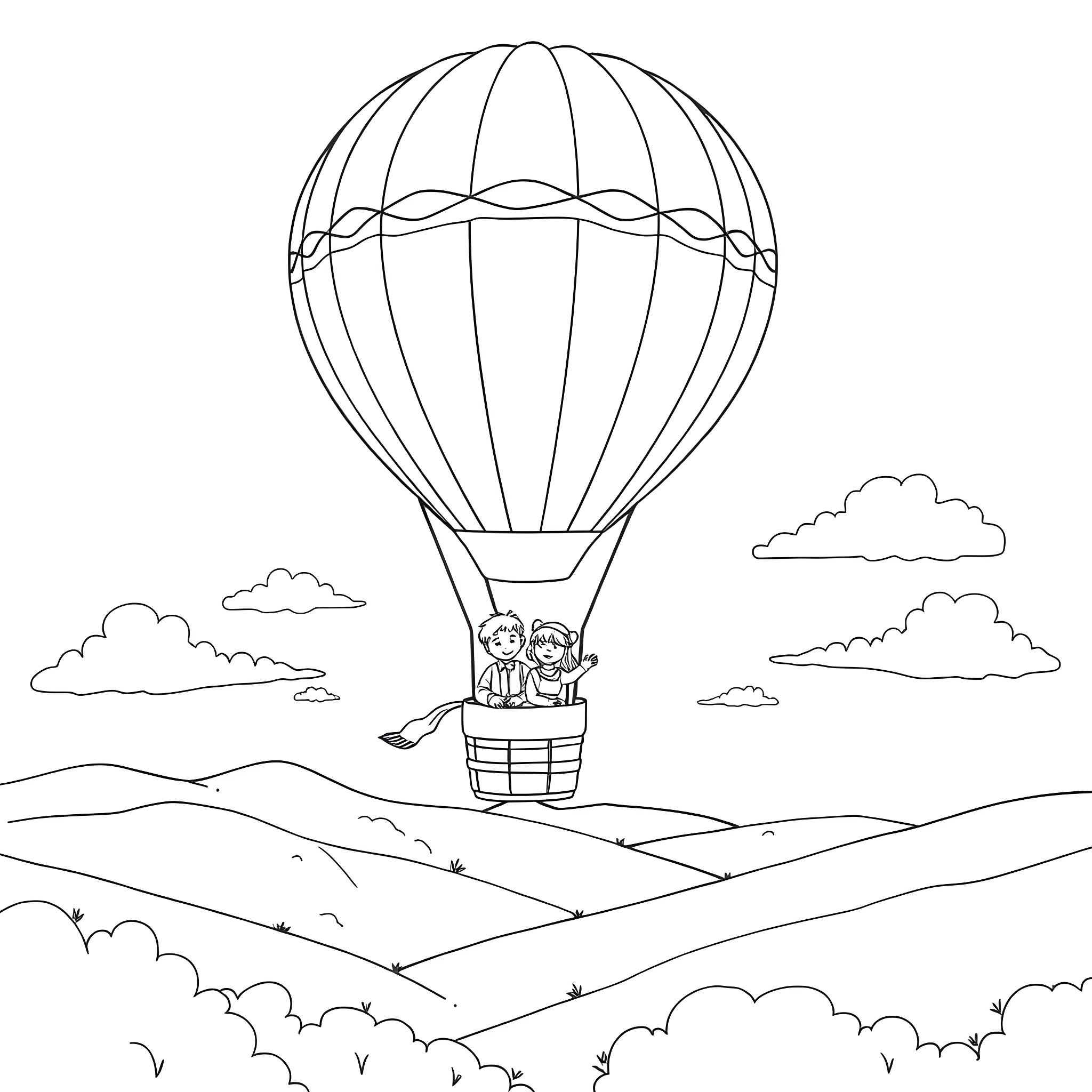 Hot Air Balloon Adventure in the Clouds Coloring Page (free black-and-white line drawing printable PDF for all, from beginners to advanced learners, including children, teens, adults, and seniors)