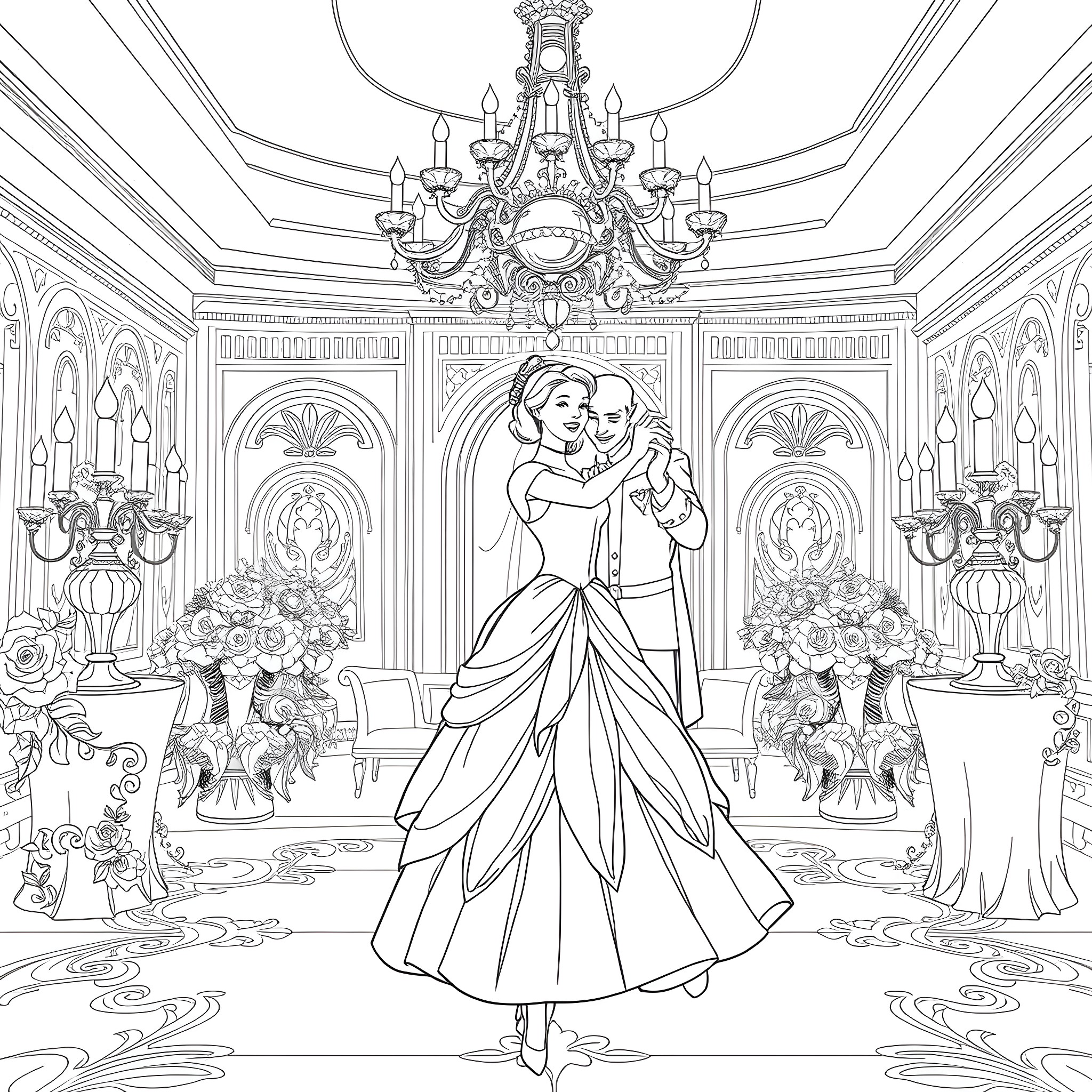 Cinderella's grand ballroom dance with her Prince Charming Coloring Page (free black-and-white line drawing printable PDF for all, from beginners to advanced learners, including children, teens, adults, and seniors)