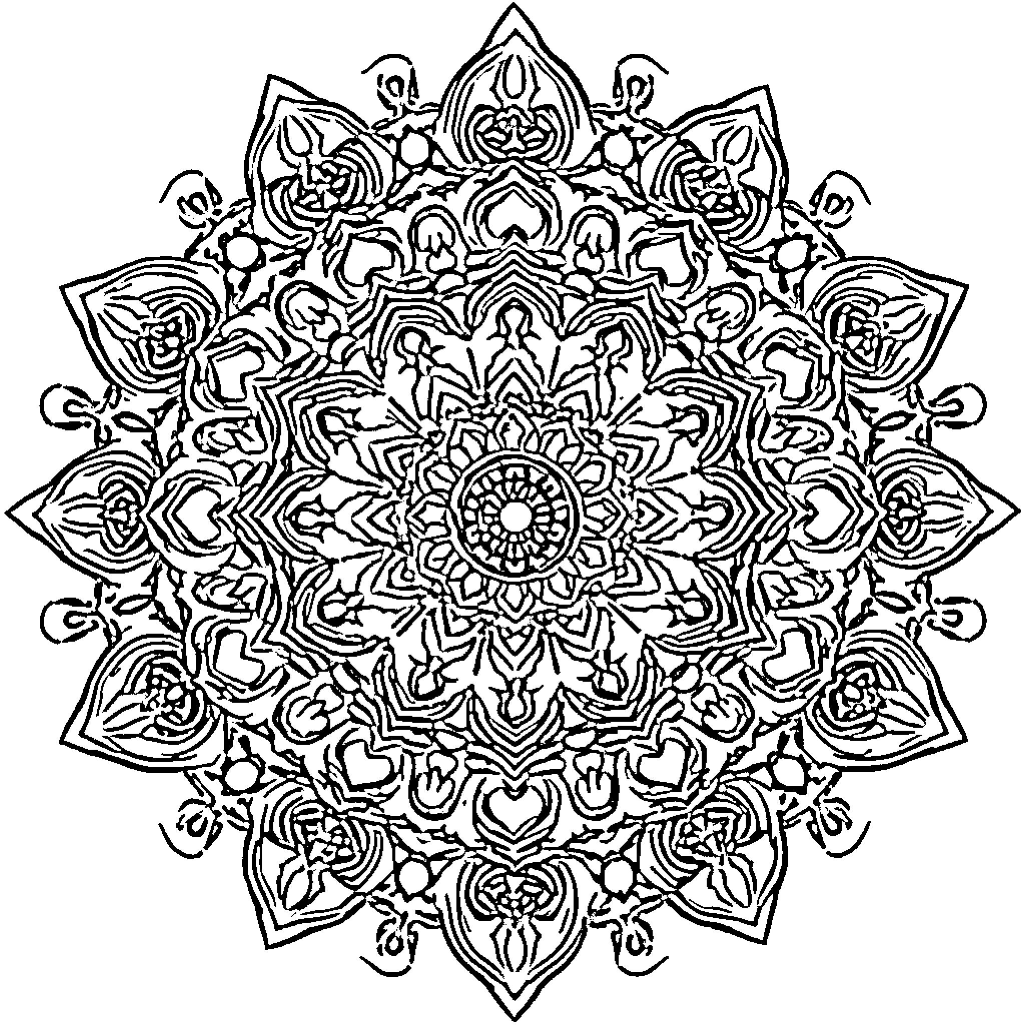 Mandala with intricate floral and geometric patterns Coloring Page (free black-and-white line drawing printable PDF for all, from beginners to advanced learners, including children, teens, adults, and seniors)