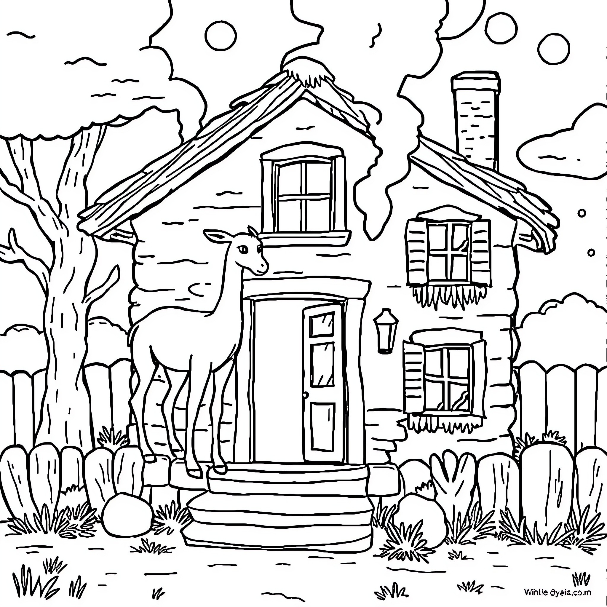 House with deer in the snow-covered landscape Coloring Page (free black-and-white line drawing printable PDF for all, from beginners to advanced learners, including children, teens, adults, and seniors)