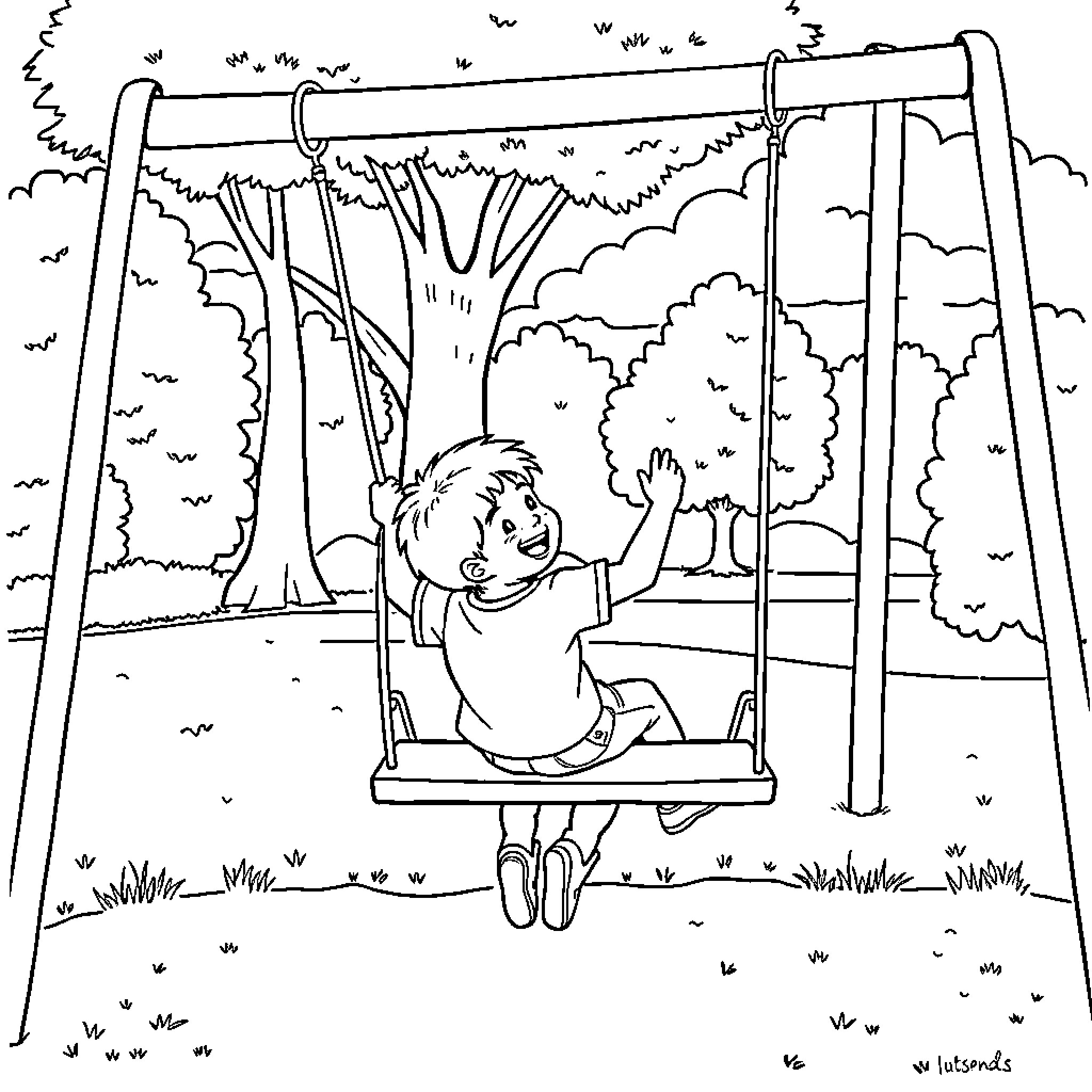 Boy enjoying swing in the park Coloring Page (free black-and-white line drawing printable PDF for all, from beginners to advanced learners, including children, teens, adults, and seniors)