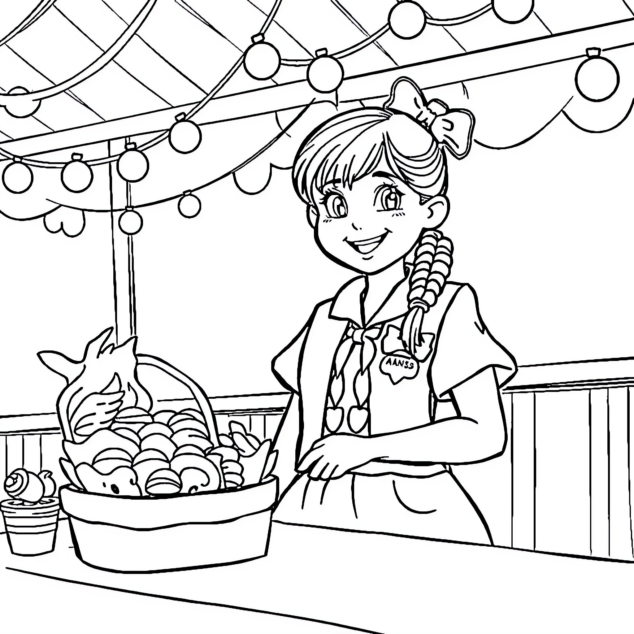 Girl Scout selling cookies at a fair Coloring Page (free black-and-white line drawing printable PDF for all, from beginners to advanced learners, including children, teens, adults, and seniors)