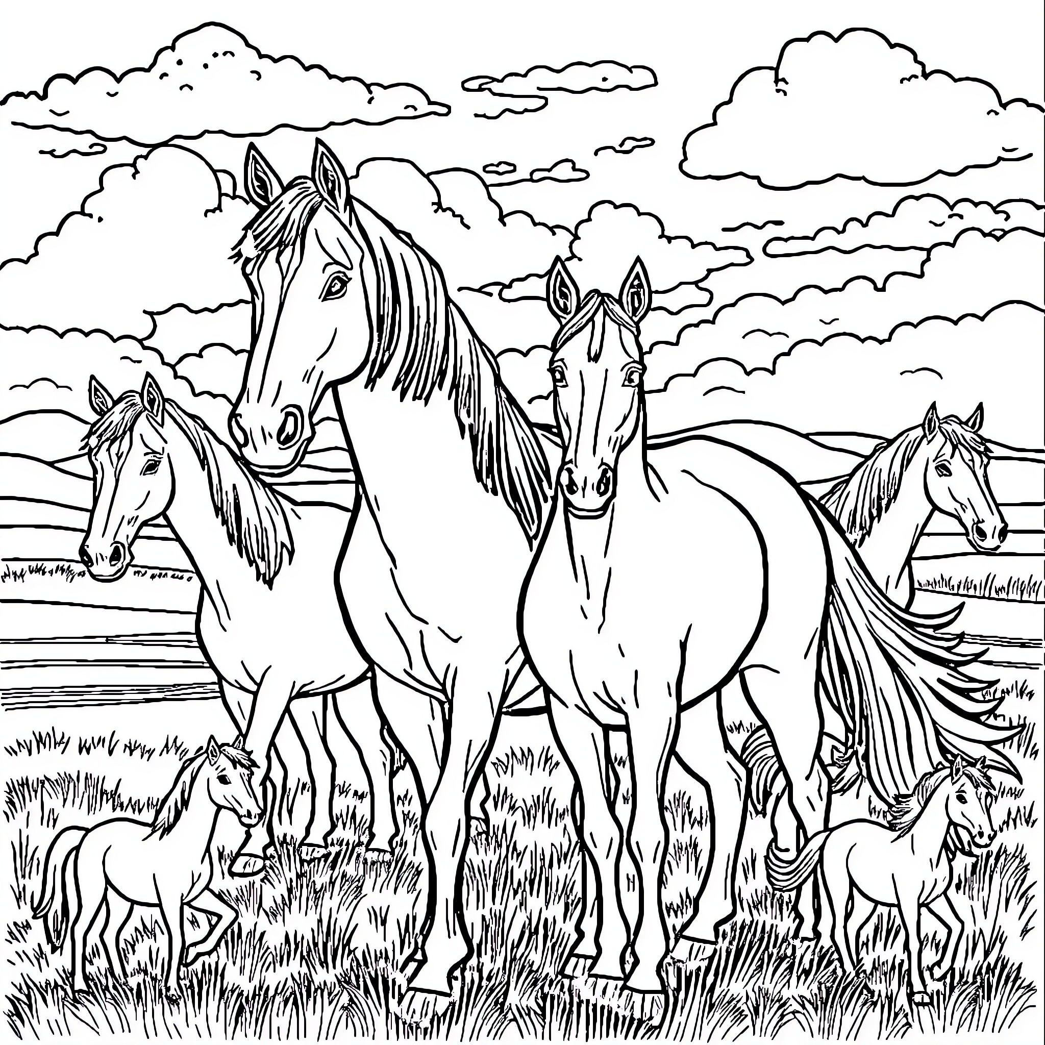Horse herd grazing peacefully in natural setting Coloring Page (free black-and-white line drawing printable PDF for all, from beginners to advanced learners, including children, teens, adults, and seniors)
