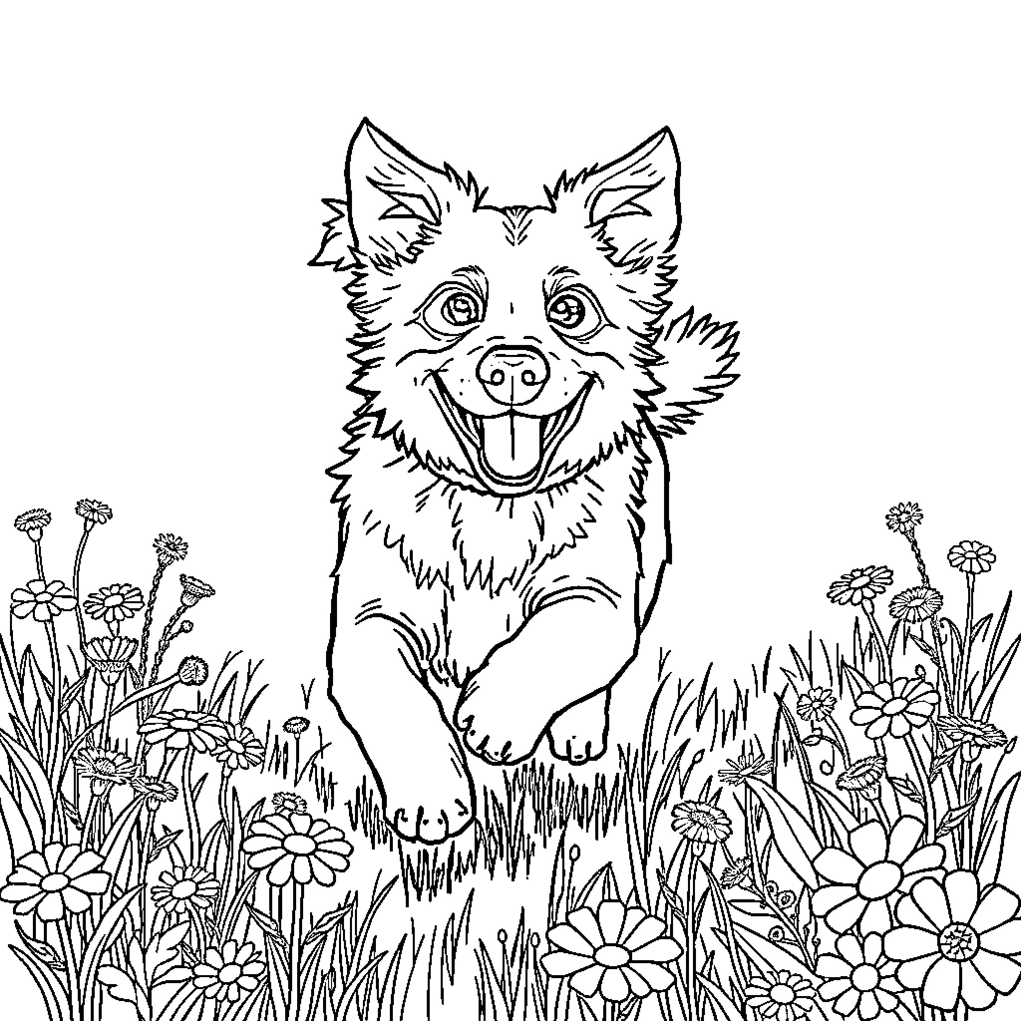 Dog joyfully sitting in a flower garden Coloring Page (free black-and-white line drawing printable PDF for all, from beginners to advanced learners, including children, teens, adults, and seniors)