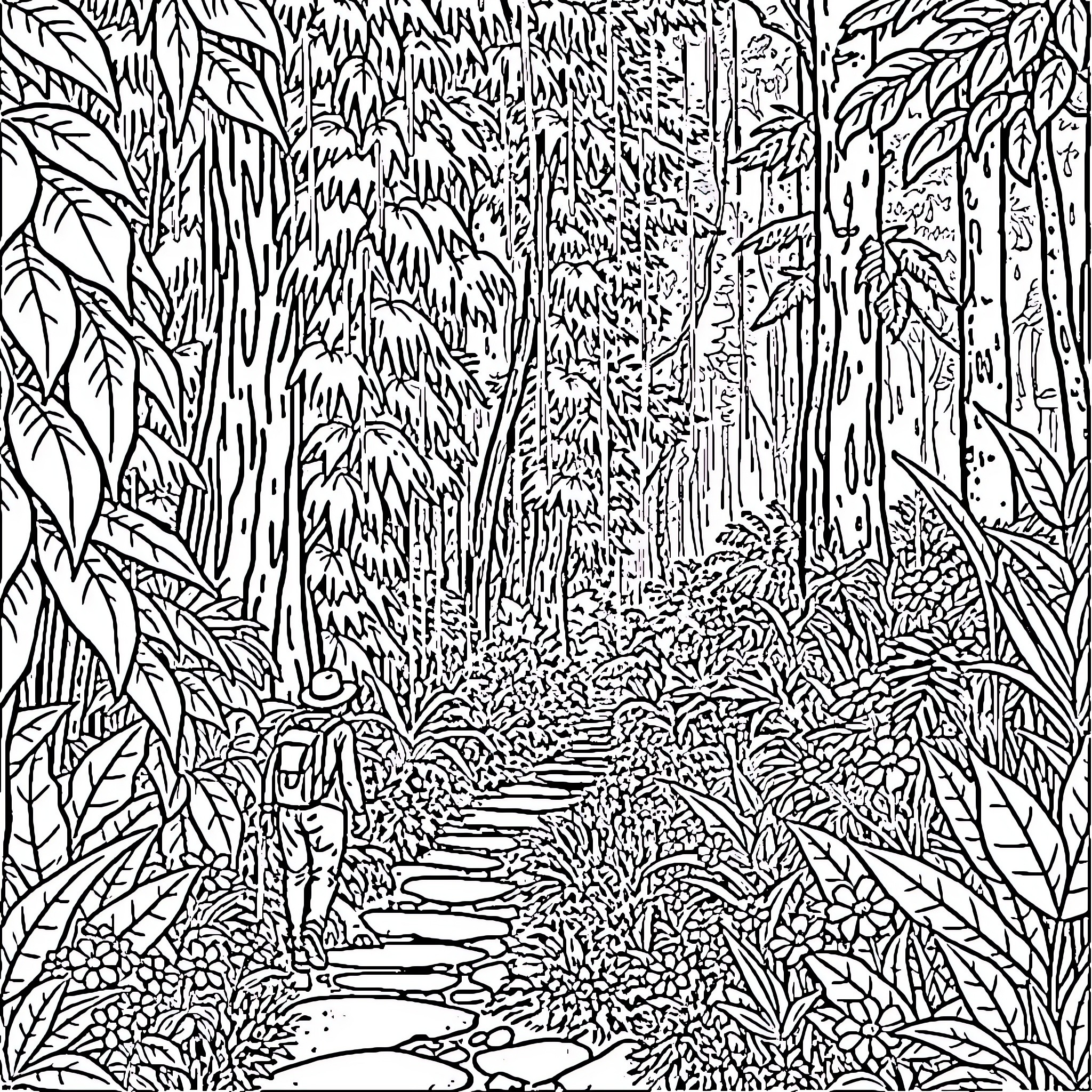 Hiking through dense forest landscape Coloring Page (free black-and-white line drawing printable PDF for all, from beginners to advanced learners, including children, teens, adults, and seniors)