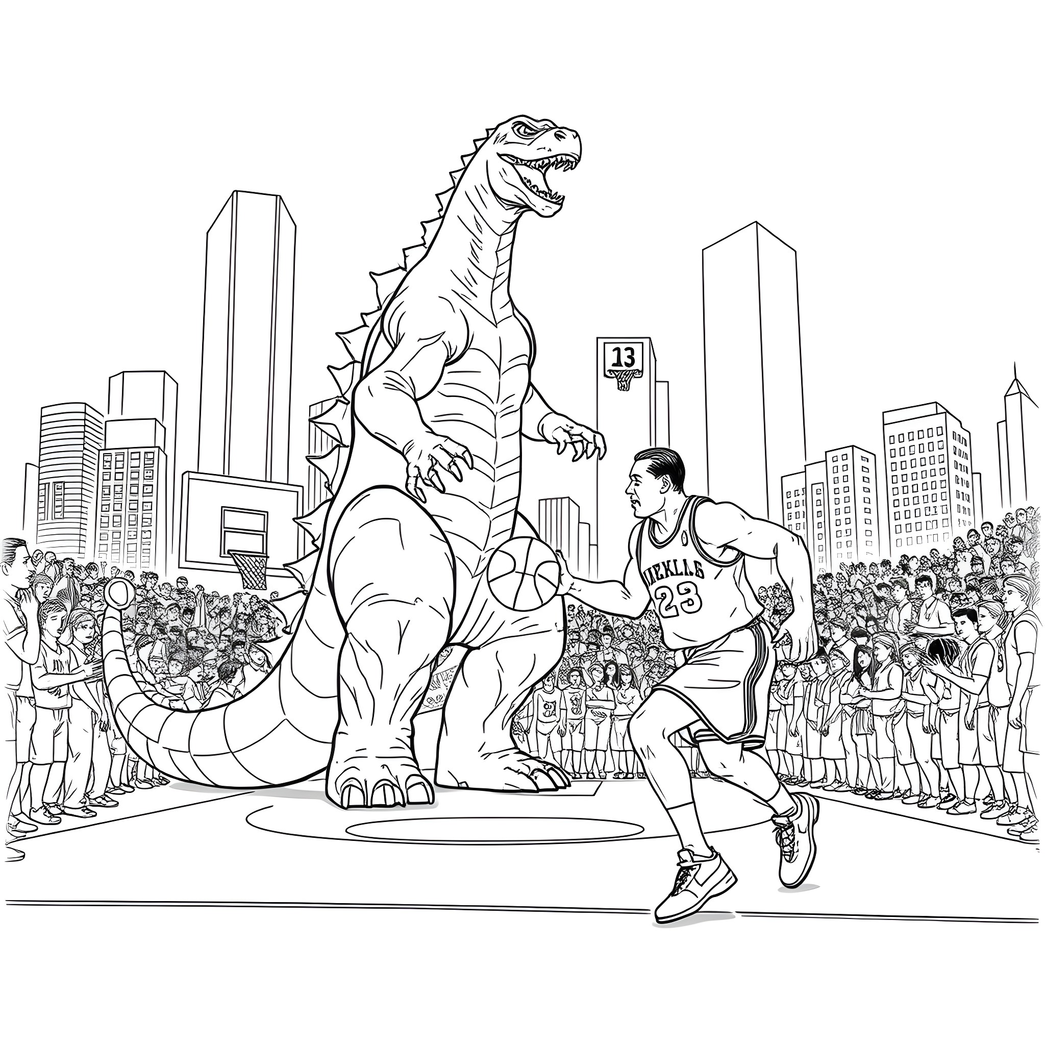 Godzilla vs. Basketball Player in the City Coloring Page (free black-and-white line drawing printable PDF for all, from beginners to advanced learners, including children, teens, adults, and seniors)