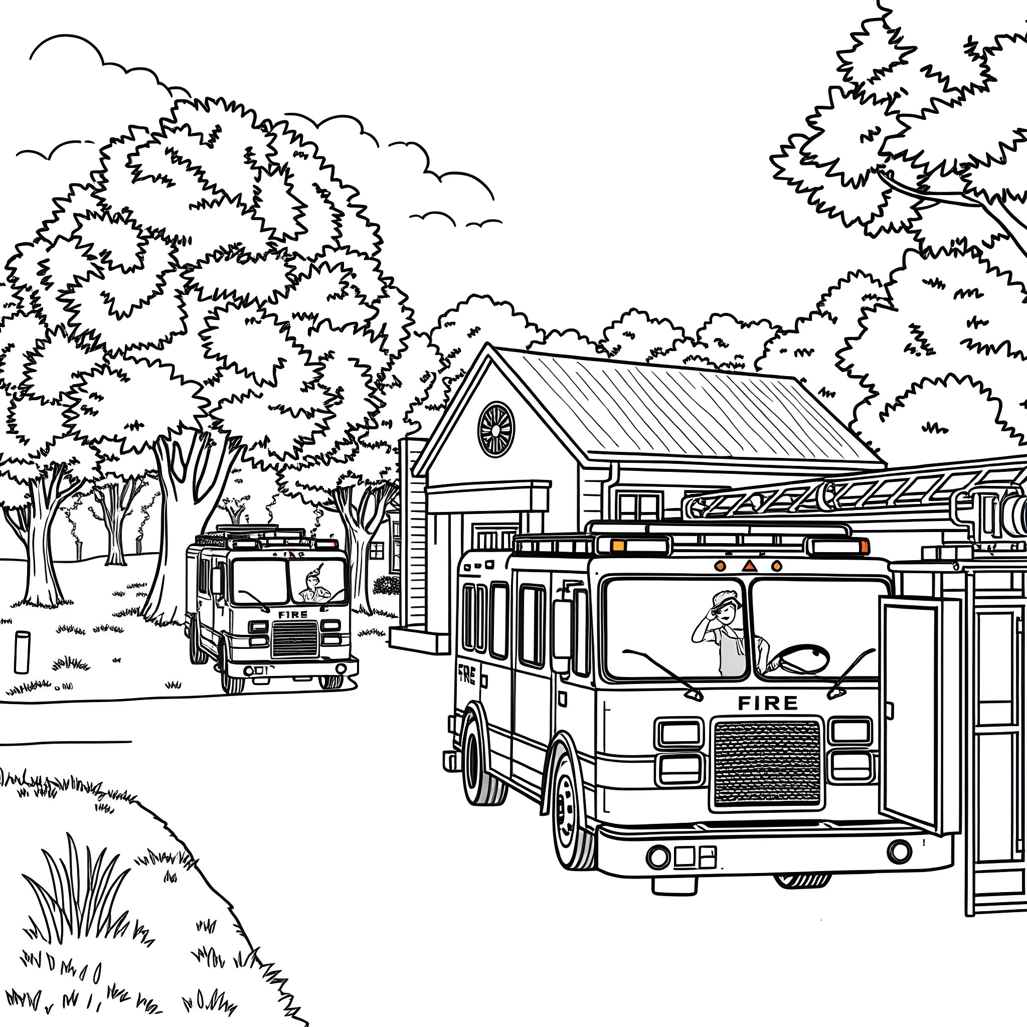 Fire Truck Responding to Emergency in Wooded Area Coloring Page (free black-and-white line drawing printable PDF for all, from beginners to advanced learners, including children, teens, adults, and seniors)