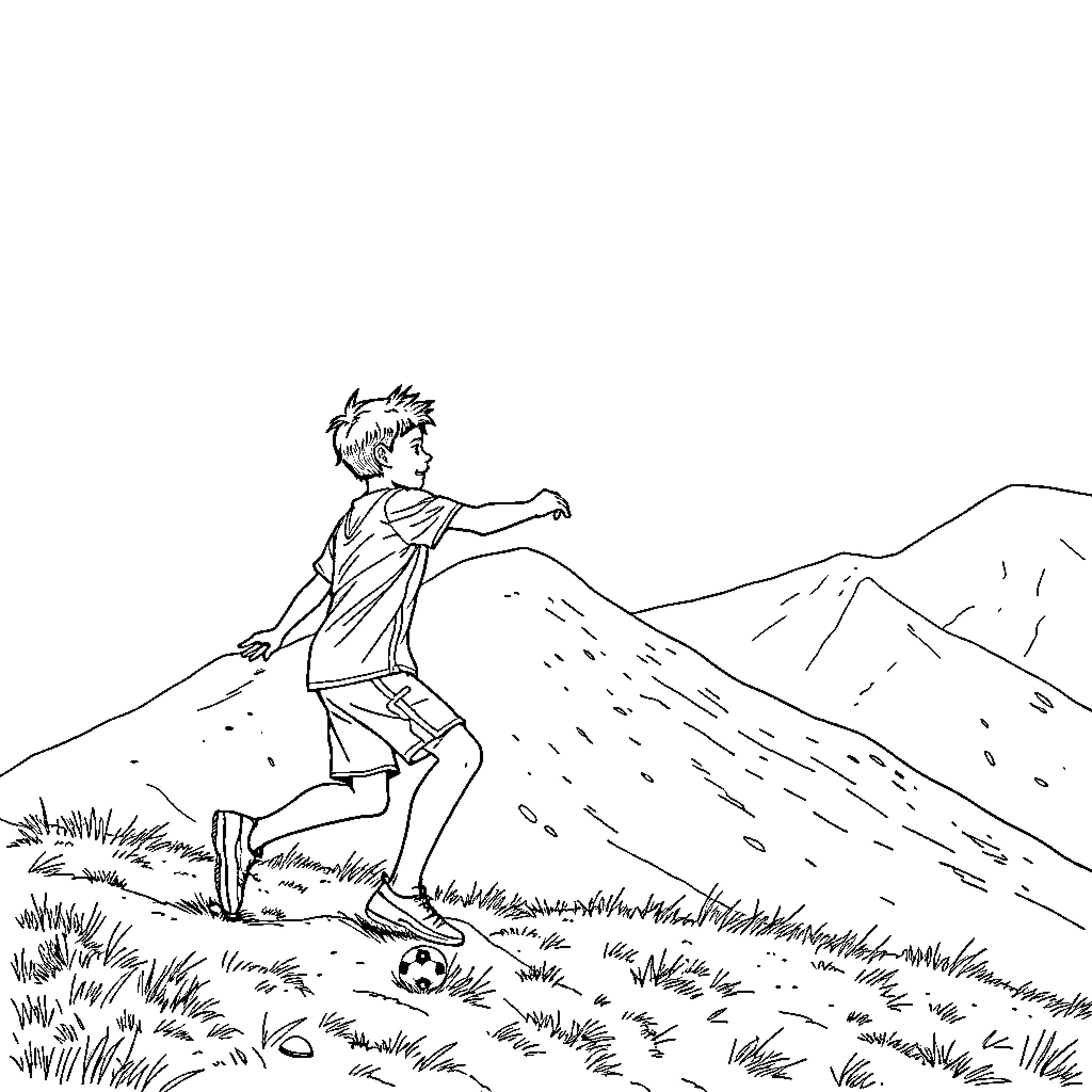 Handball Player Kicking Ball Outdoors in Nature Coloring Page (free black-and-white line drawing printable PDF for all, from beginners to advanced learners, including children, teens, adults, and seniors)
