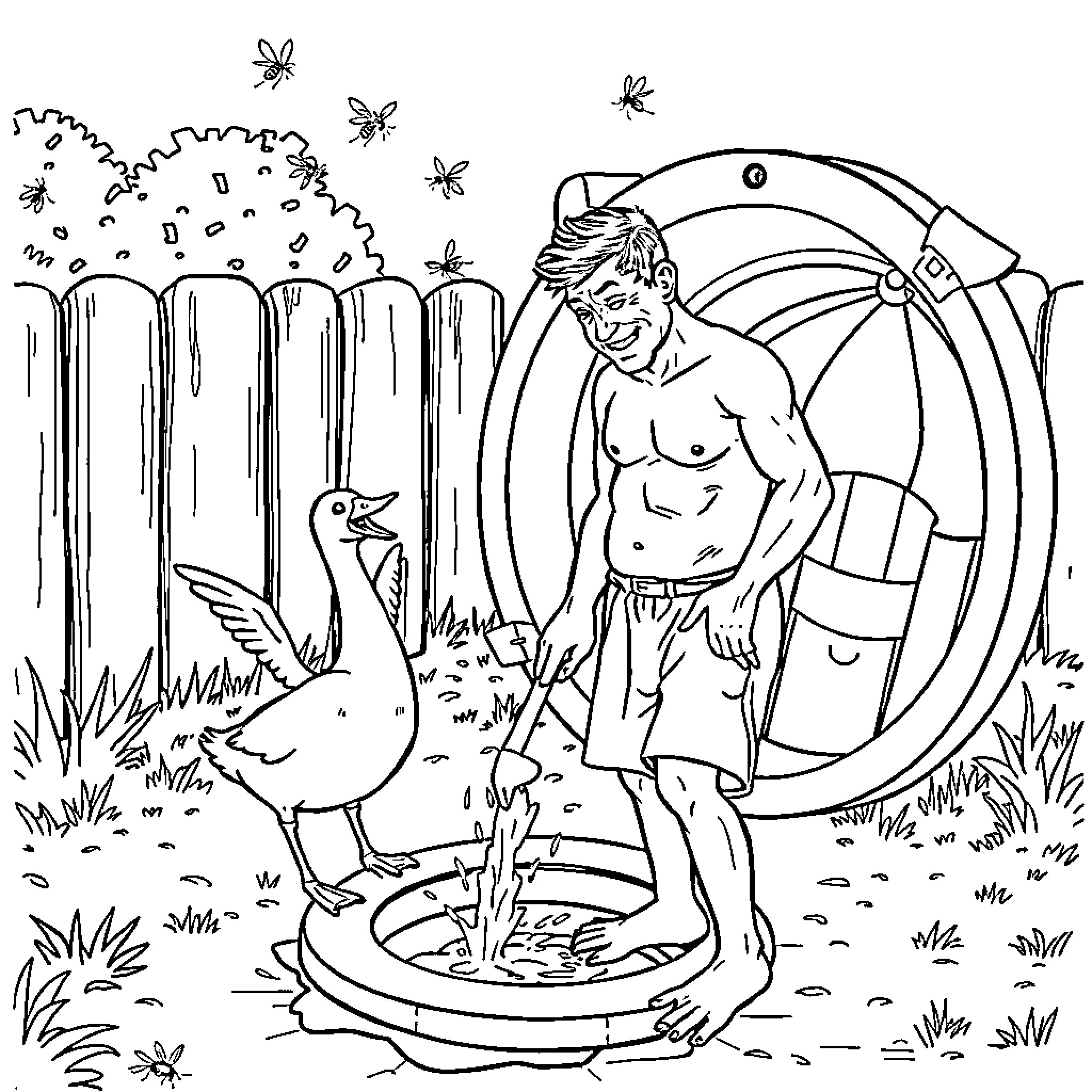Goose swimming and man relaxing by the pond Coloring Page (free black-and-white line drawing printable PDF for all, from beginners to advanced learners, including children, teens, adults, and seniors)