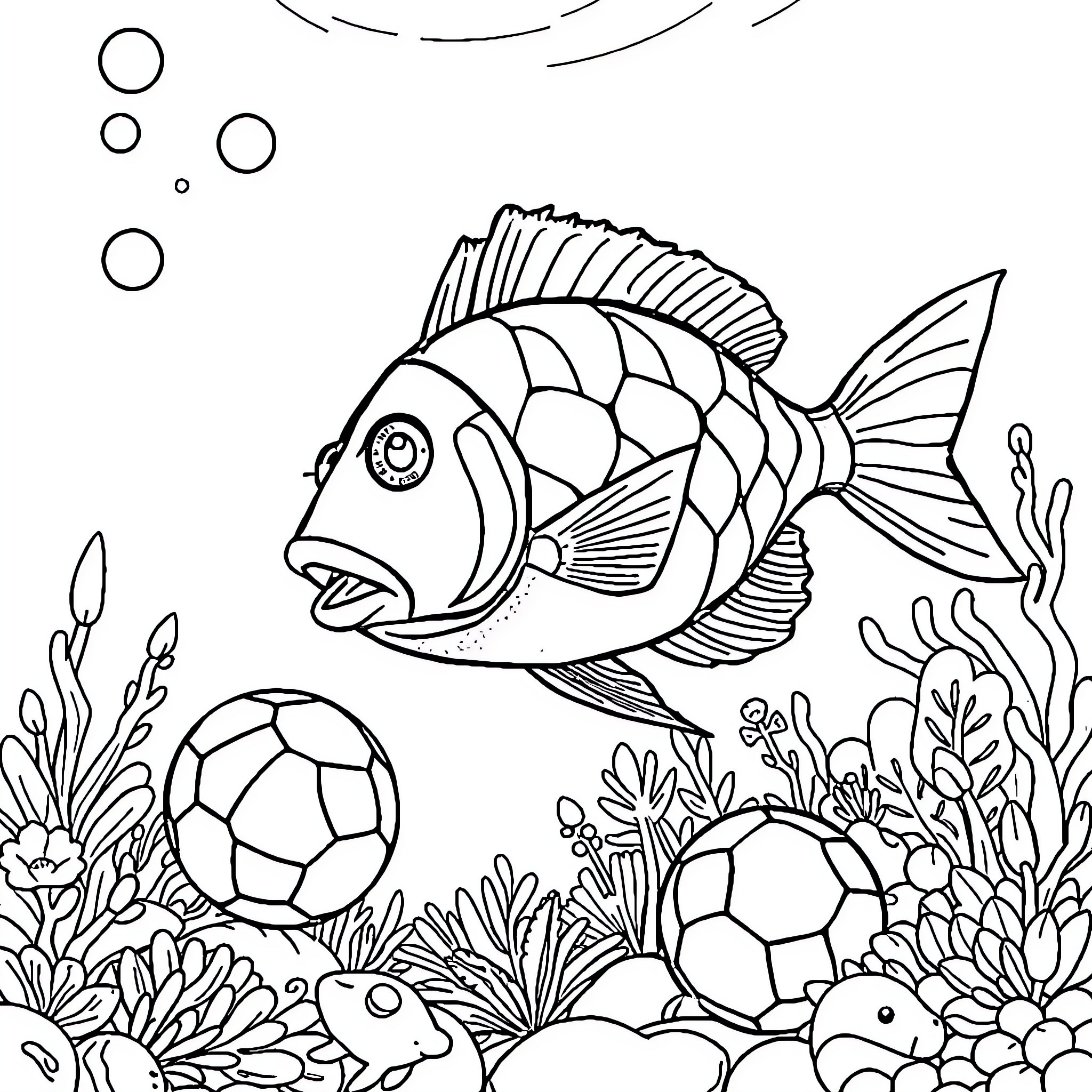Fish swimming playfully with spherical objects Coloring Page (free black-and-white line drawing printable PDF for all, from beginners to advanced learners, including children, teens, adults, and seniors)