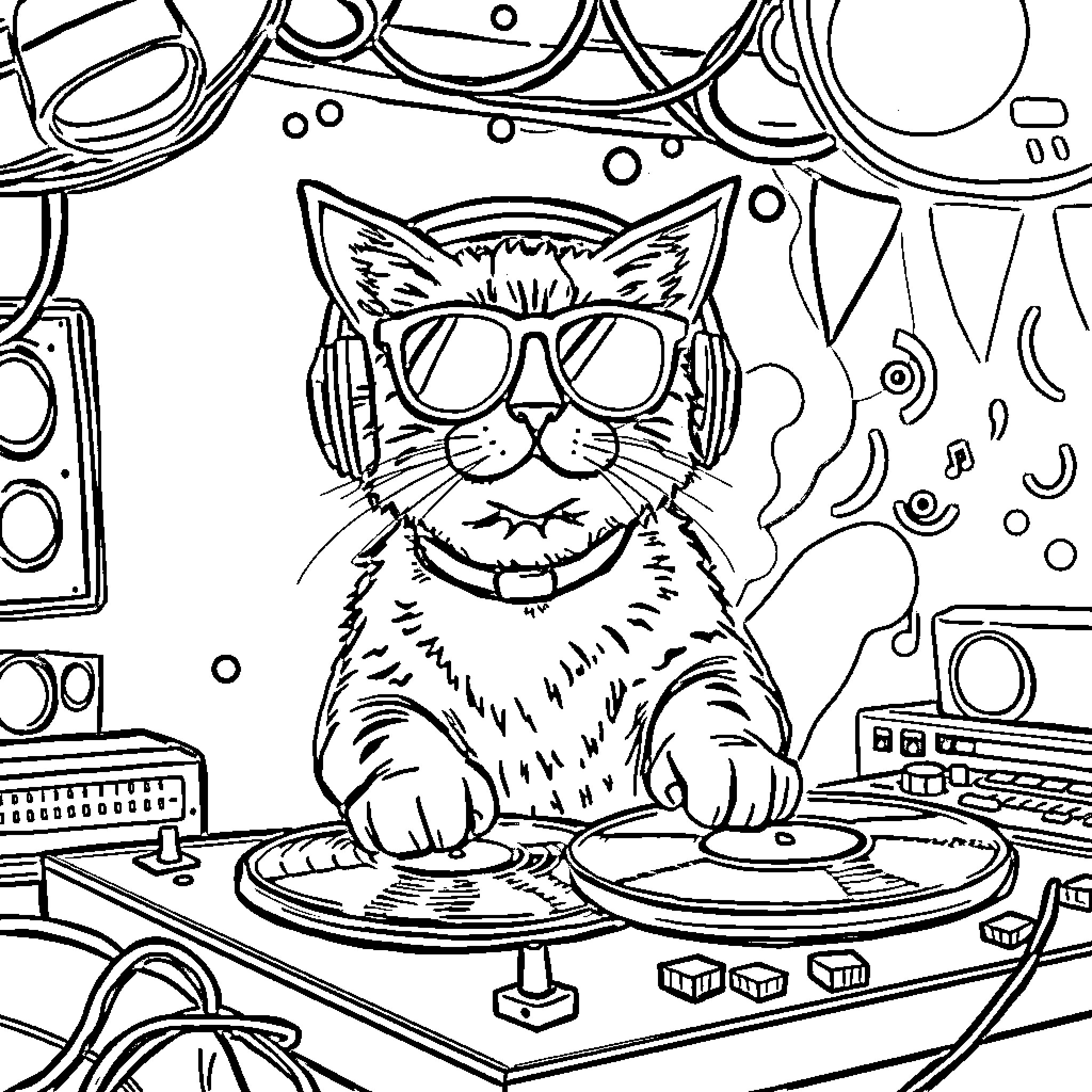 DJ Catnip mixing music on turntables Coloring Page (free black-and-white line drawing printable PDF for all, from beginners to advanced learners, including children, teens, adults, and seniors)