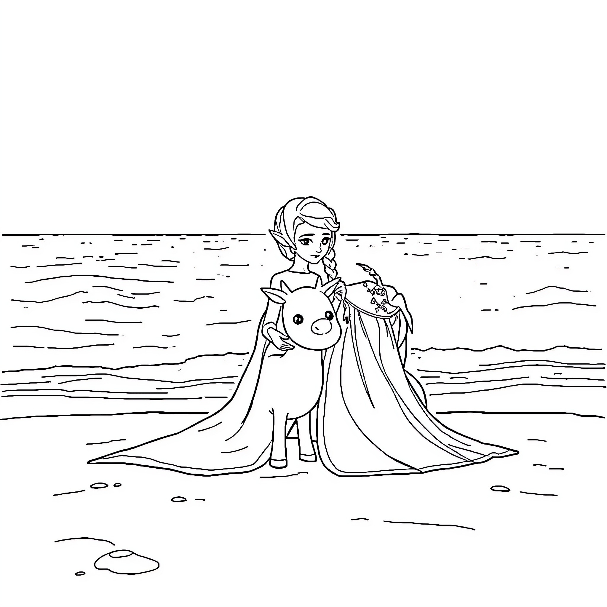 Elsa and Anna playing by the sea Coloring Page (free black-and-white line drawing printable PDF for all, from beginners to advanced learners, including children, teens, adults, and seniors)