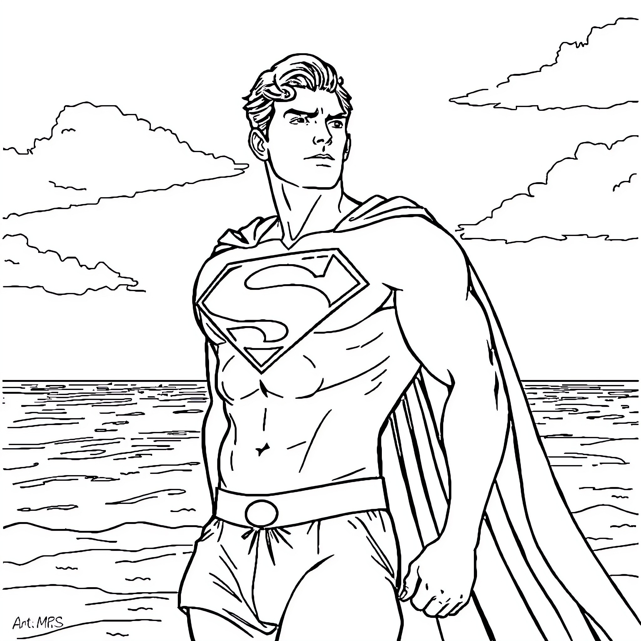 Superman's heroic stance by the sea Coloring Page (free black-and-white line drawing printable PDF for all, from beginners to advanced learners, including children, teens, adults, and seniors)