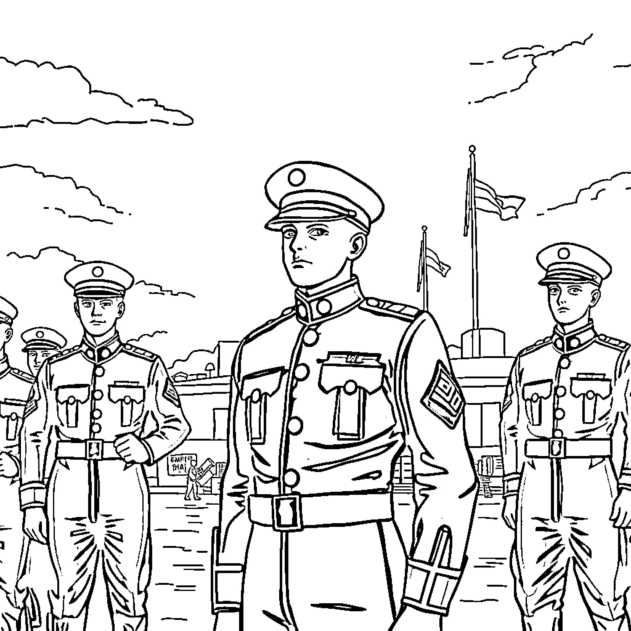 Marine Corps Soldiers in Uniform Marching on Duty Coloring Page (free black-and-white line drawing printable PDF for all, from beginners to advanced learners, including children, teens, adults, and seniors)