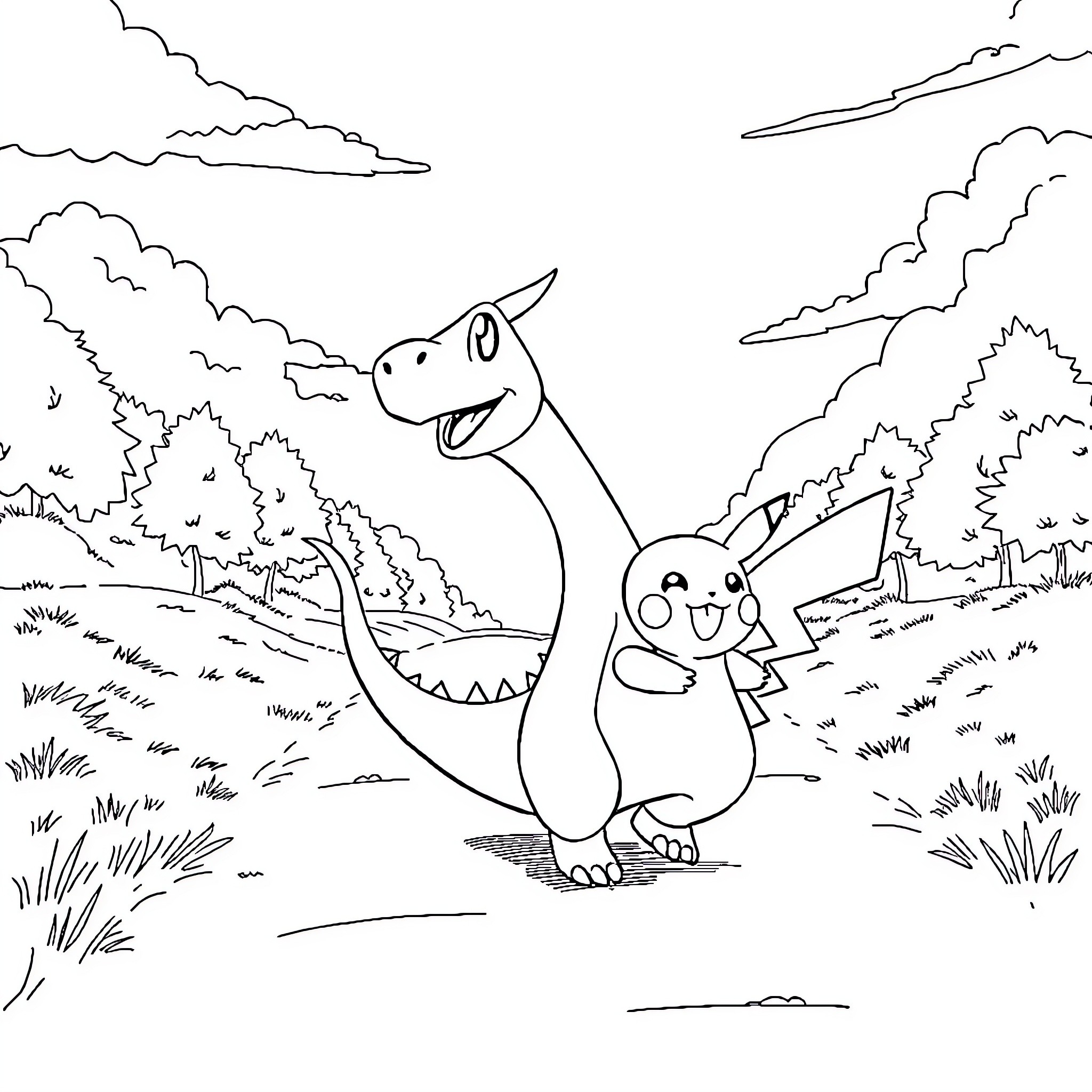 Dragofeu enjoying playful adventure in the wild Coloring Page (free black-and-white line drawing printable PDF for all, from beginners to advanced learners, including children, teens, adults, and seniors)