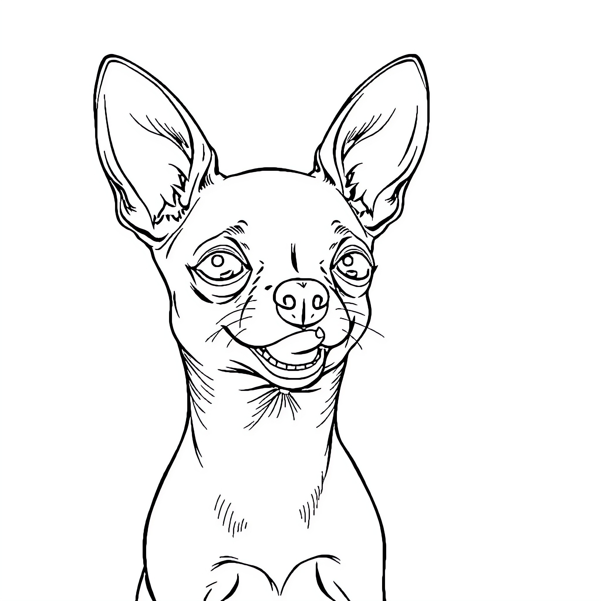 Chihuahua pup grinning with excitement Coloring Page (free black-and-white line drawing printable PDF for all, from beginners to advanced learners, including children, teens, adults, and seniors)