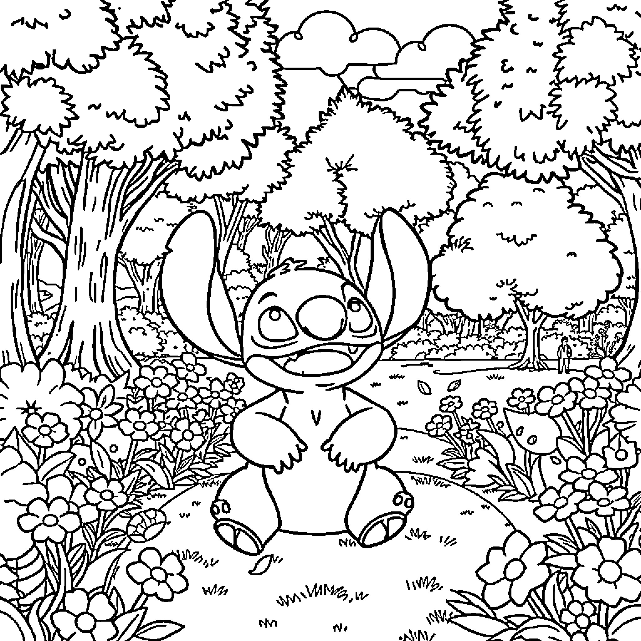 Pokémon character enjoying the forest scenery Coloring Page (free black-and-white line drawing printable PDF for all, from beginners to advanced learners, including children, teens, adults, and seniors)