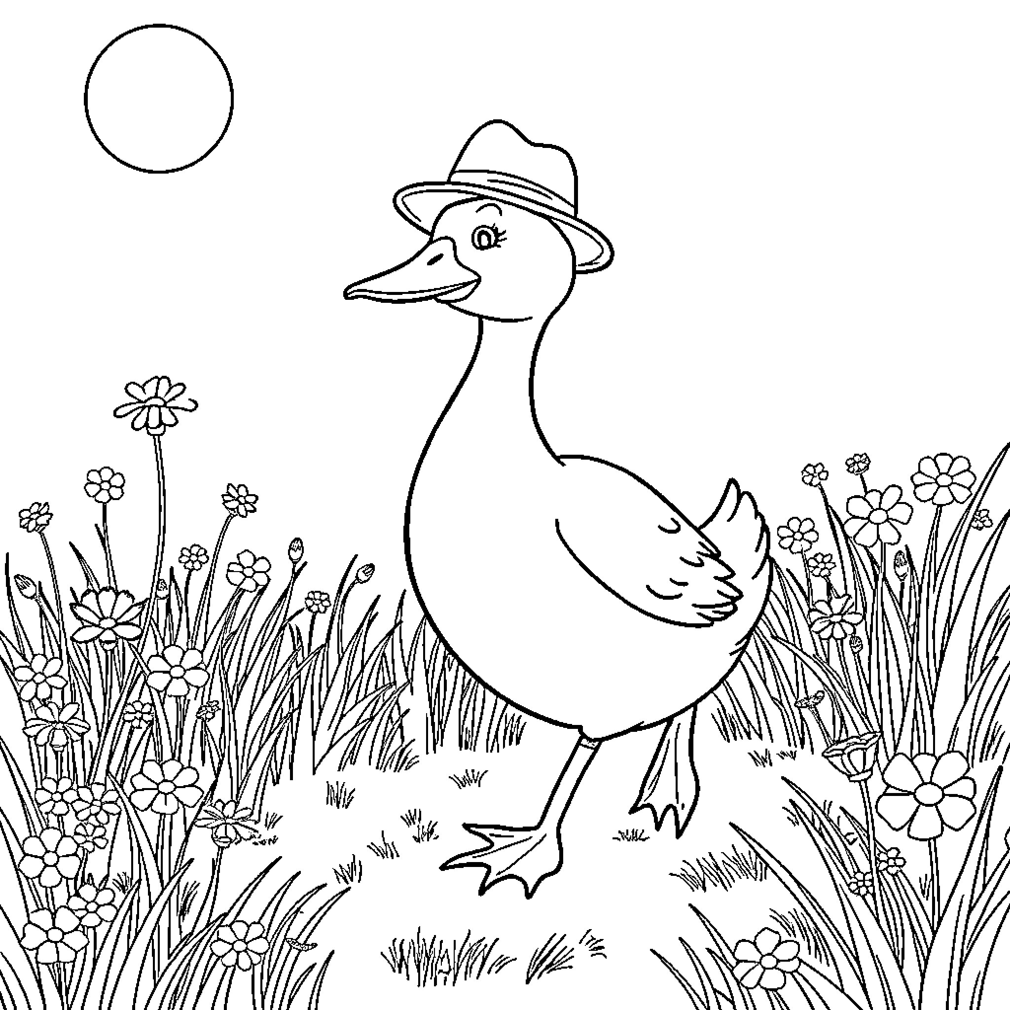 Duck enjoying a day in the floral meadow Coloring Page (free black-and-white line drawing printable PDF for all, from beginners to advanced learners, including children, teens, adults, and seniors)