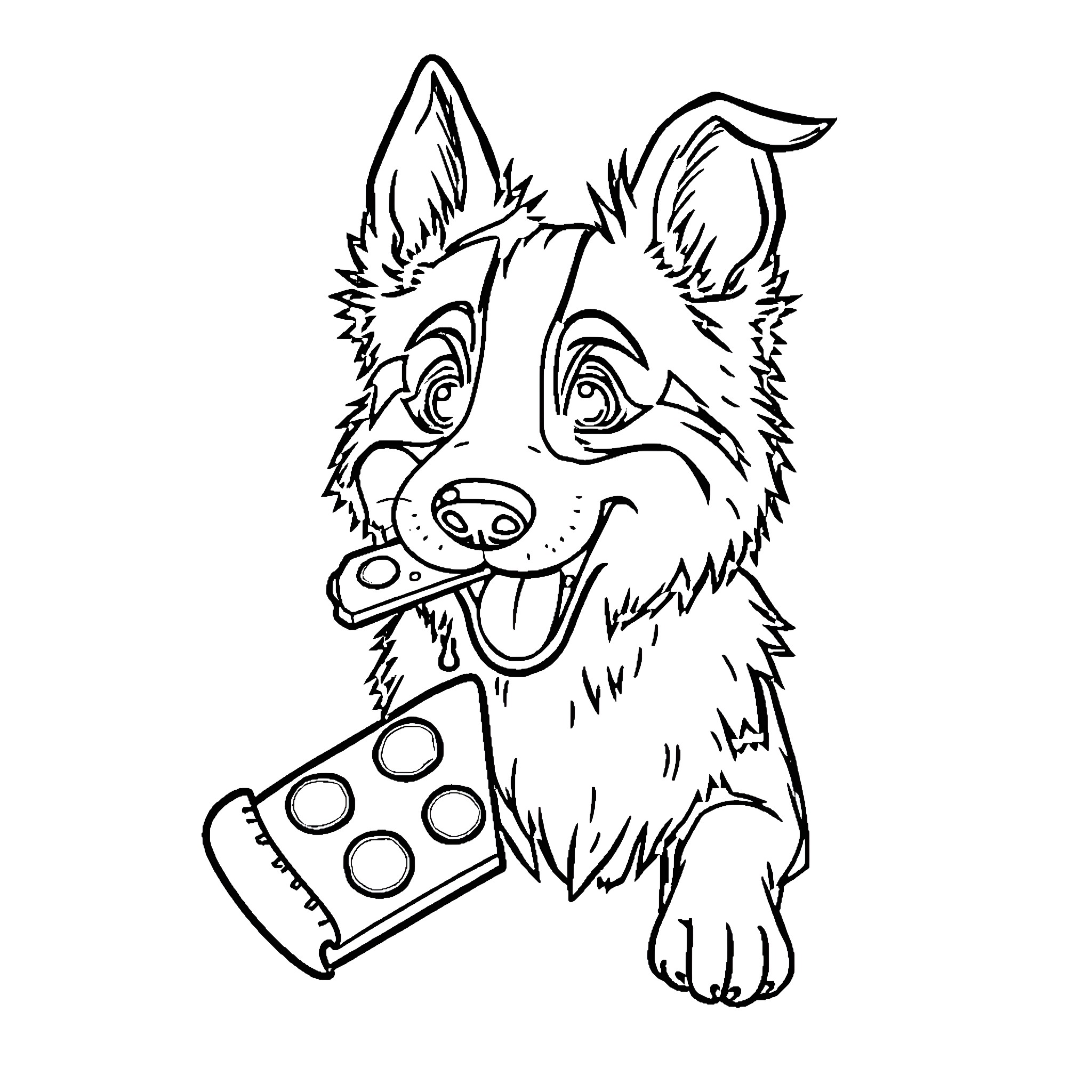 Border Collie playing with video game controller Coloring Page (free black-and-white line drawing printable PDF for all, from beginners to advanced learners, including children, teens, adults, and seniors)