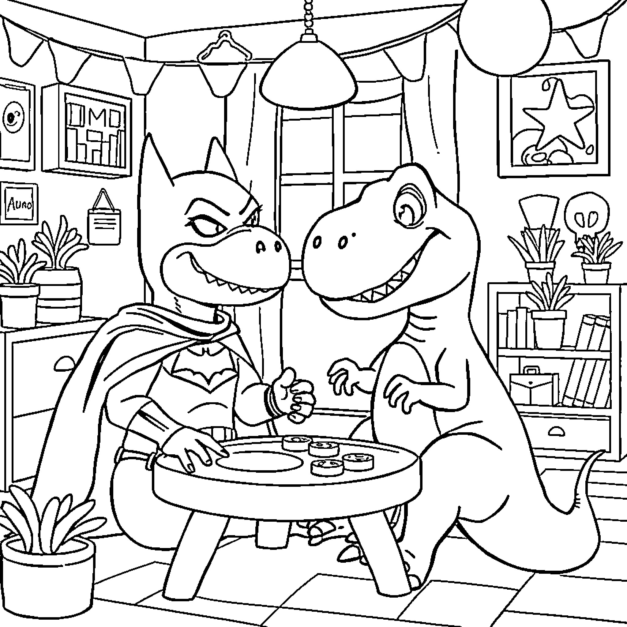 T-Rex friends enjoying a tea party Coloring Page (free black-and-white line drawing printable PDF for all, from beginners to advanced learners, including children, teens, adults, and seniors)