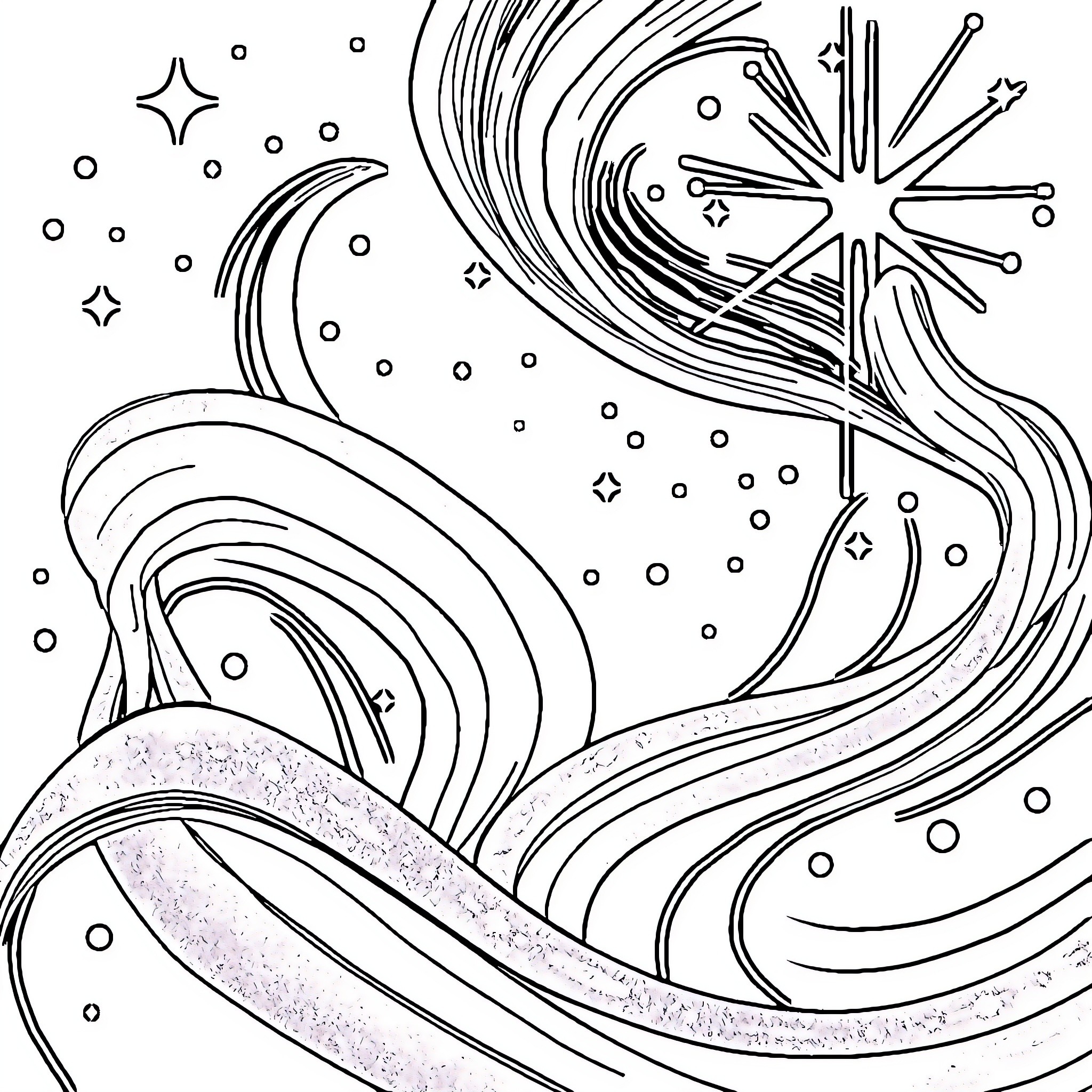 Black and Gold Cosmic Waves and Celestial Patterns Coloring Page (free black-and-white line drawing printable PDF for all, from beginners to advanced learners, including children, teens, adults, and seniors)