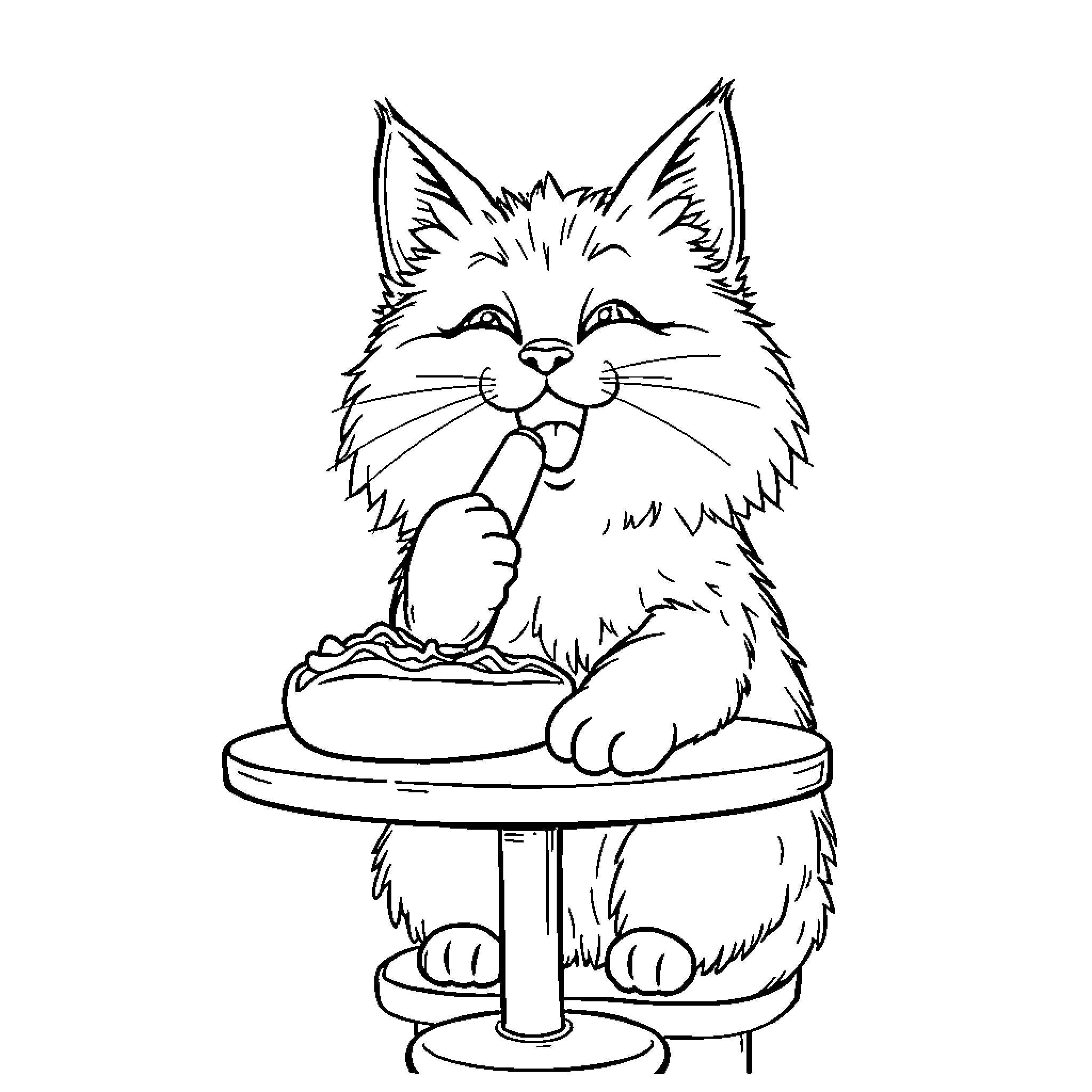 Cat enjoying a tasty meal Coloring Page (free black-and-white line drawing printable PDF for all, from beginners to advanced learners, including children, teens, adults, and seniors)