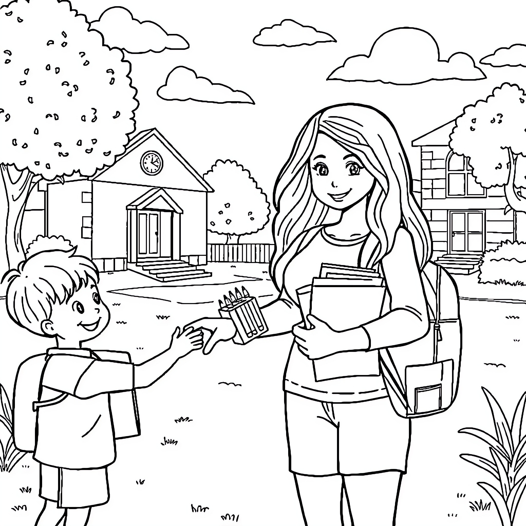 Lady Helping Young Student in Schoolyard Coloring Page (free black-and-white line drawing printable PDF for all, from beginners to advanced learners, including children, teens, adults, and seniors)