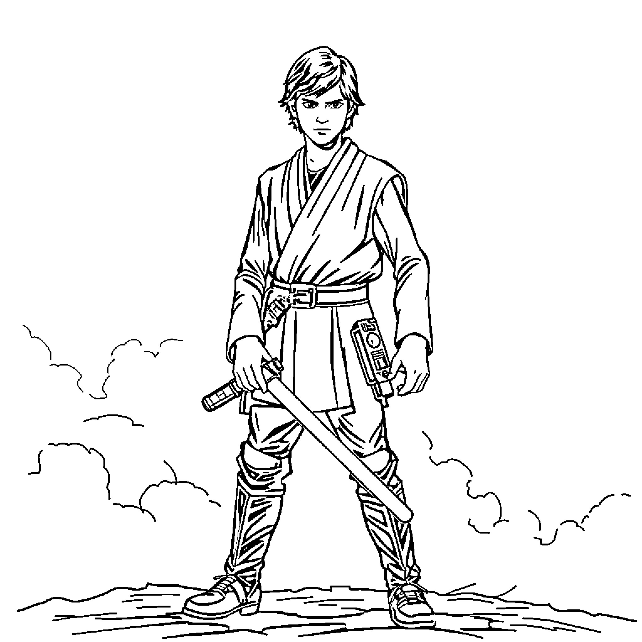 Luke Skywalker standing heroically with a lightsaber Coloring Page (free black-and-white line drawing printable PDF for all, from beginners to advanced learners, including children, teens, adults, and seniors)