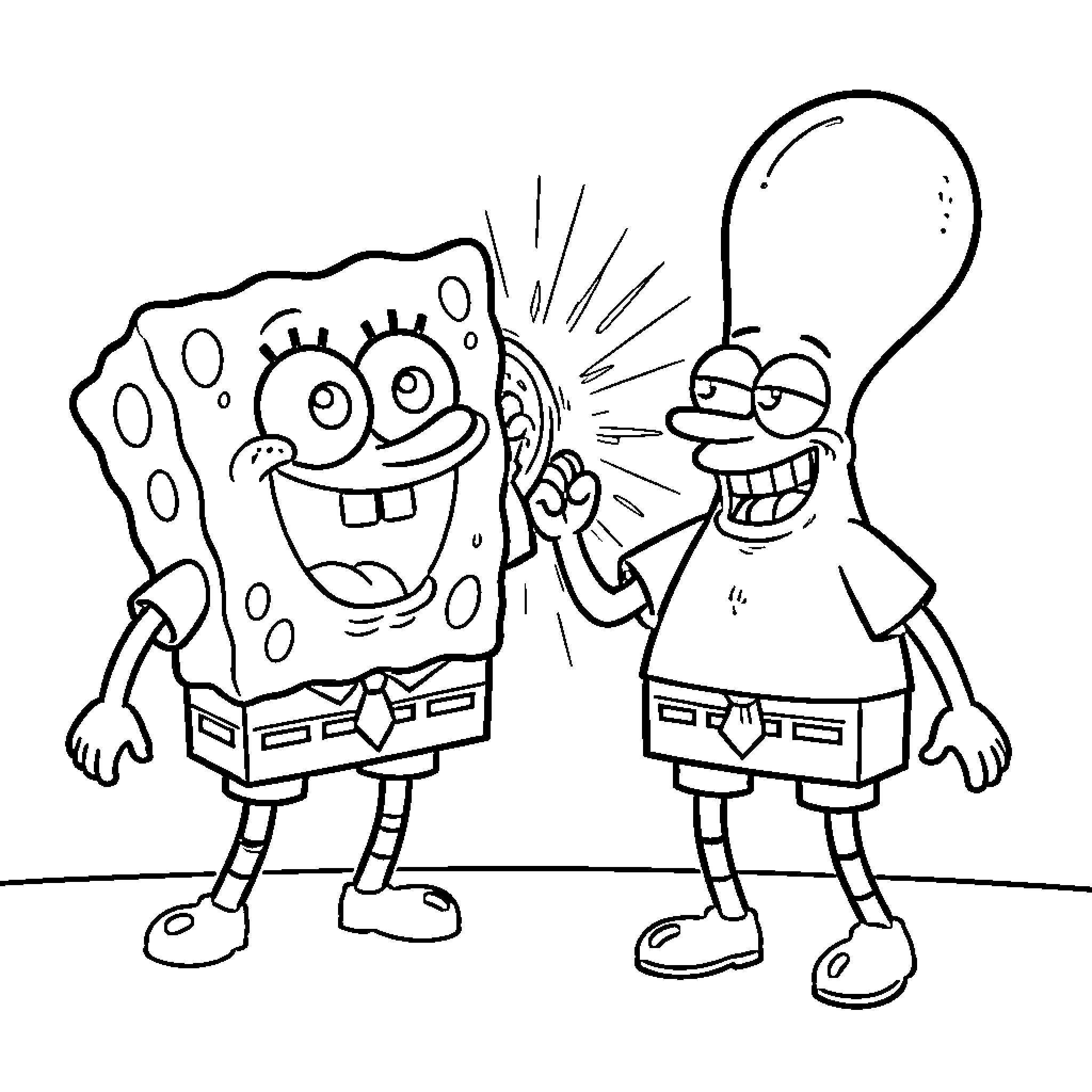 Spongebob and Patrick laughing together in a joyful scene Coloring Page (free black-and-white line drawing printable PDF for all, from beginners to advanced learners, including children, teens, adults, and seniors)