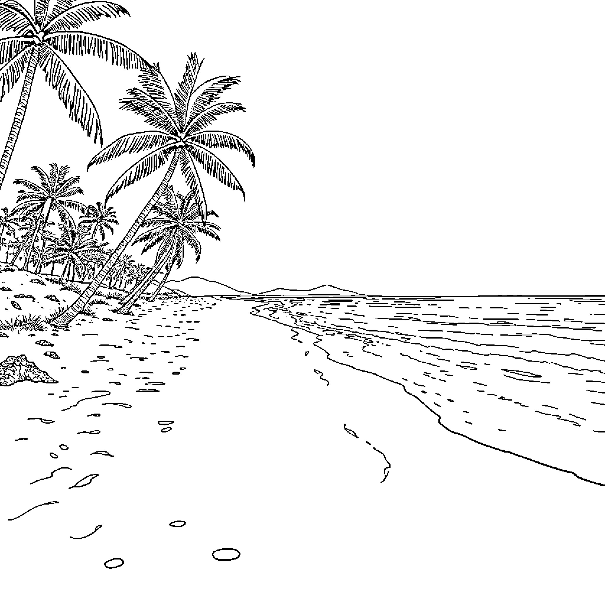 Beach scene with palm trees and ocean landscape Coloring Page (free black-and-white line drawing printable PDF for all, from beginners to advanced learners, including children, teens, adults, and seniors)