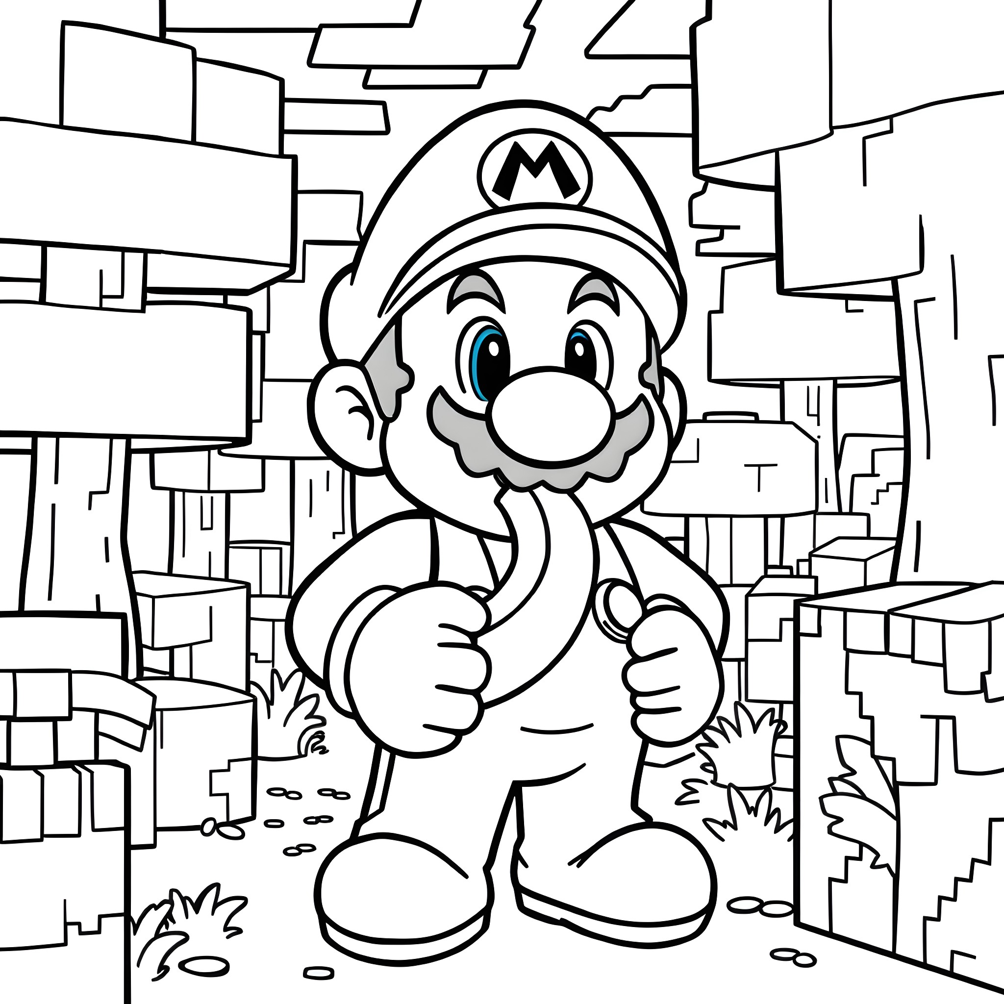Super Mario Exploring the Destroyed City Coloring Page (free black-and-white line drawing printable PDF for all, from beginners to advanced learners, including children, teens, adults, and seniors)