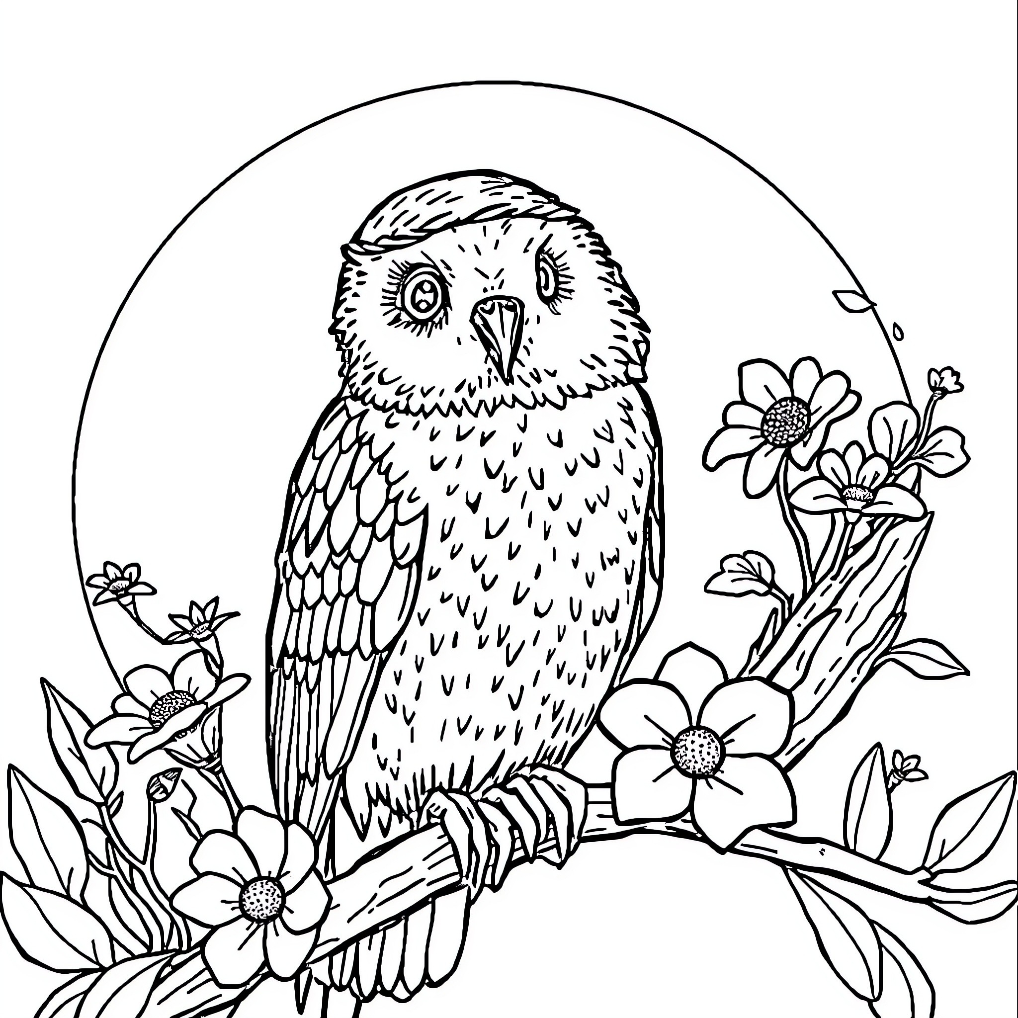 Capsuna: Delightful Floral Encounter with Curious Owl Coloring Page (free black-and-white line drawing printable PDF for all, from beginners to advanced learners, including children, teens, adults, and seniors)