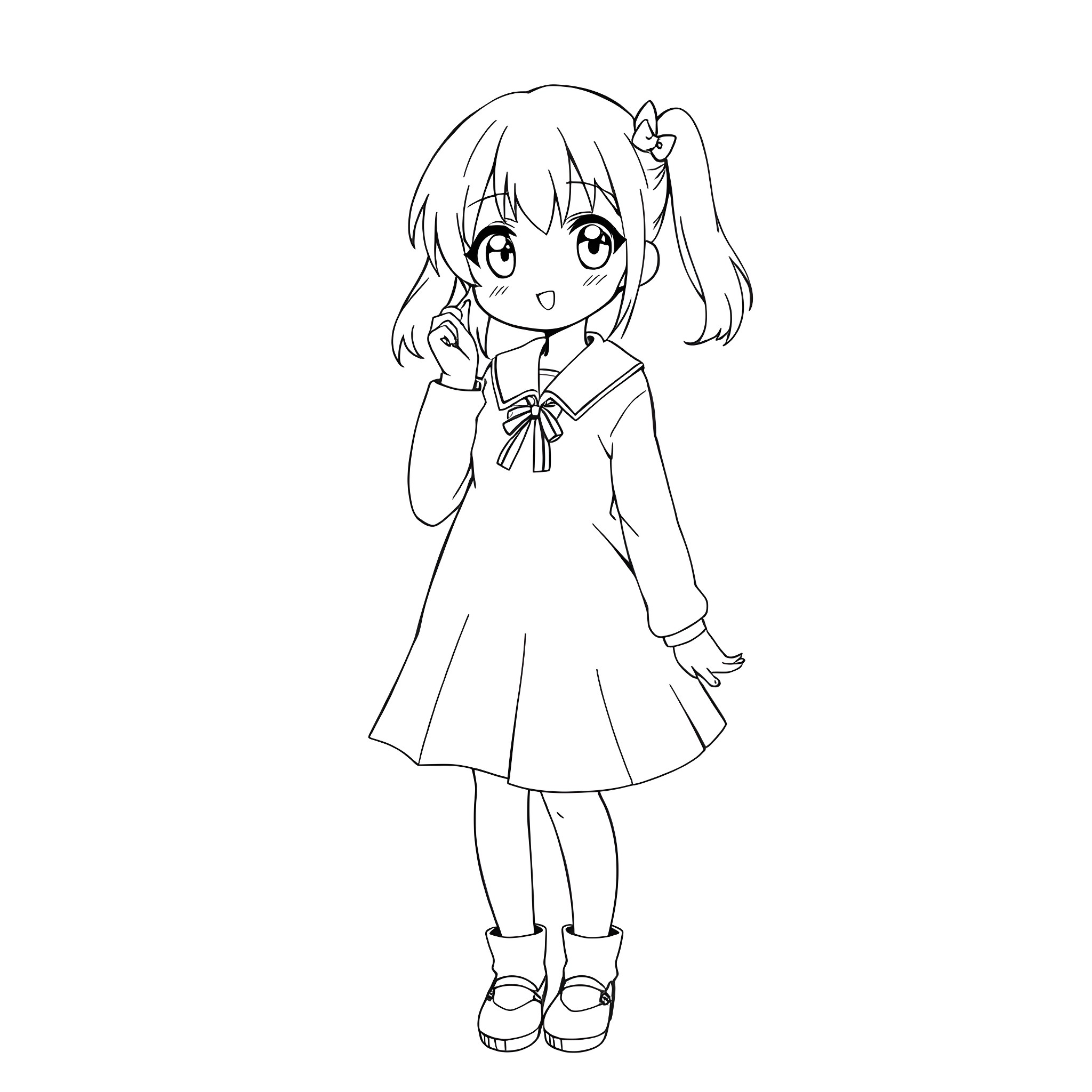 Anime Girl with Pigtails and Cute Expression Coloring Page (free black-and-white line drawing printable PDF for all, from beginners to advanced learners, including children, teens, adults, and seniors)