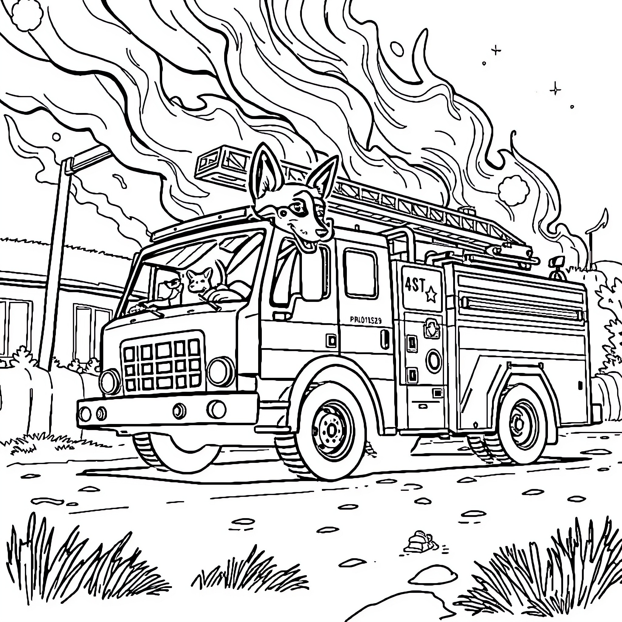 Paw Patrol fire engine rushing to the rescue Coloring Page (free black-and-white line drawing printable PDF for all, from beginners to advanced learners, including children, teens, adults, and seniors)