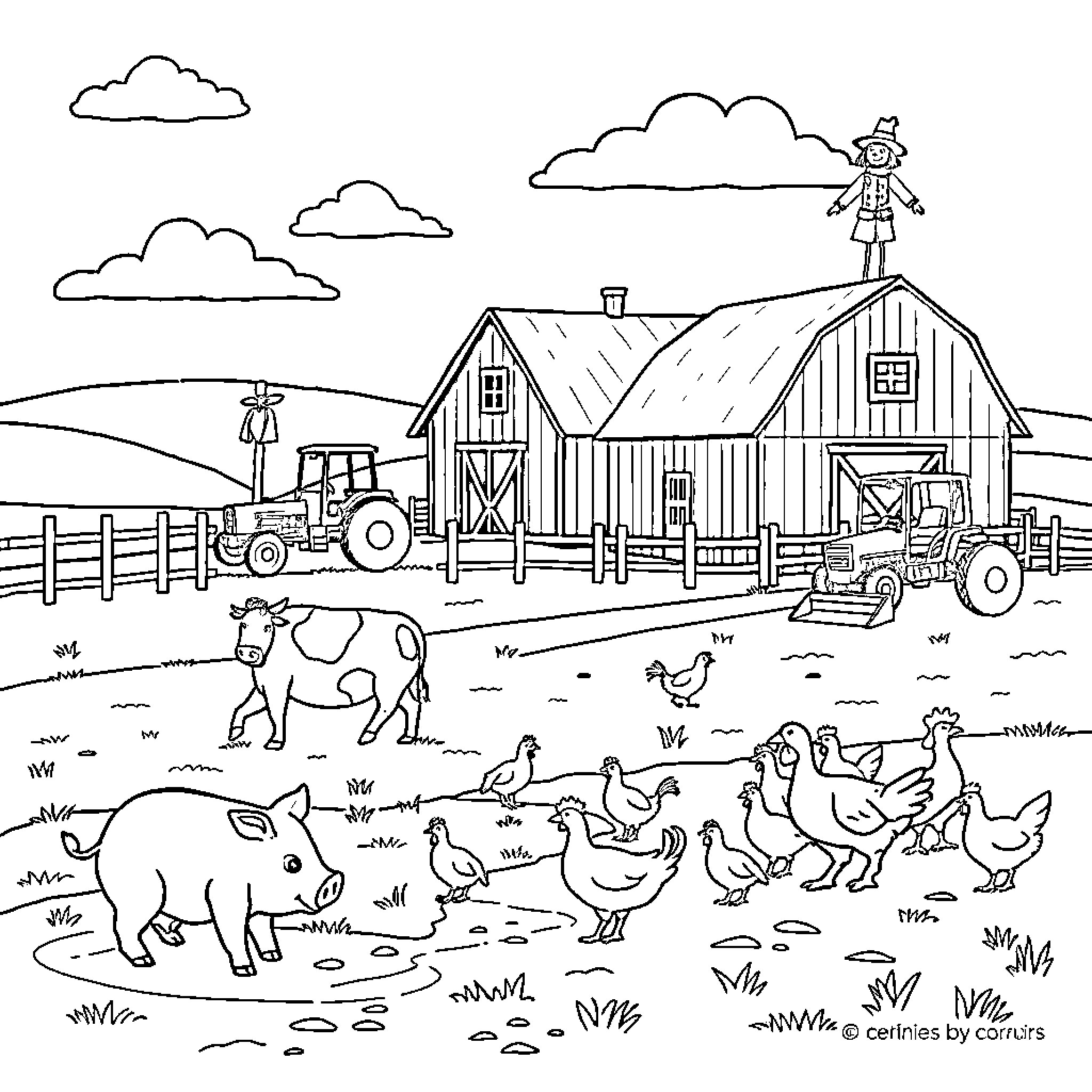 Farm animals and workers at the countryside Coloring Page (free black-and-white line drawing printable PDF for all, from beginners to advanced learners, including children, teens, adults, and seniors)