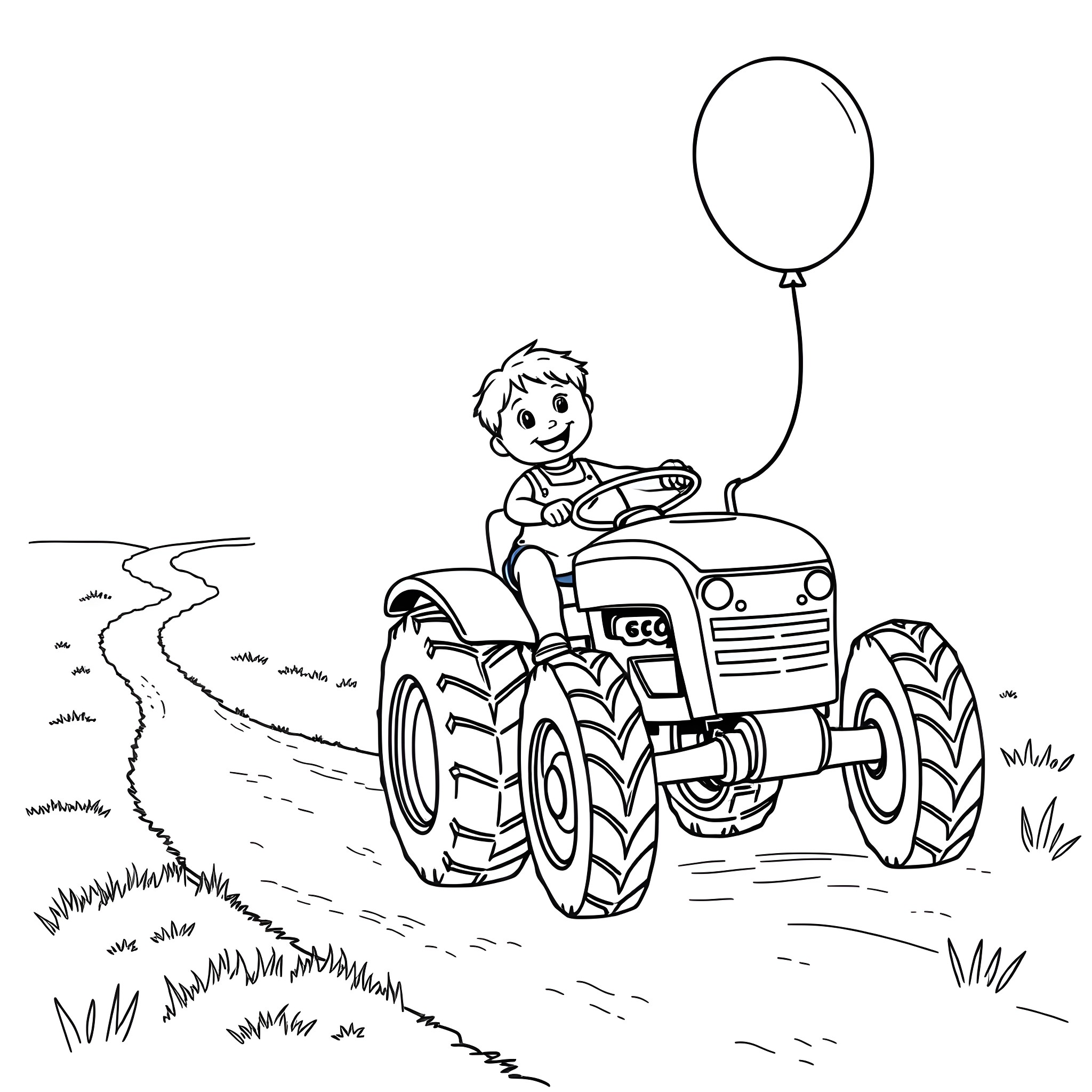 Tractor ride with a happy boy and a balloon Coloring Page (free black-and-white line drawing printable PDF for all, from beginners to advanced learners, including children, teens, adults, and seniors)