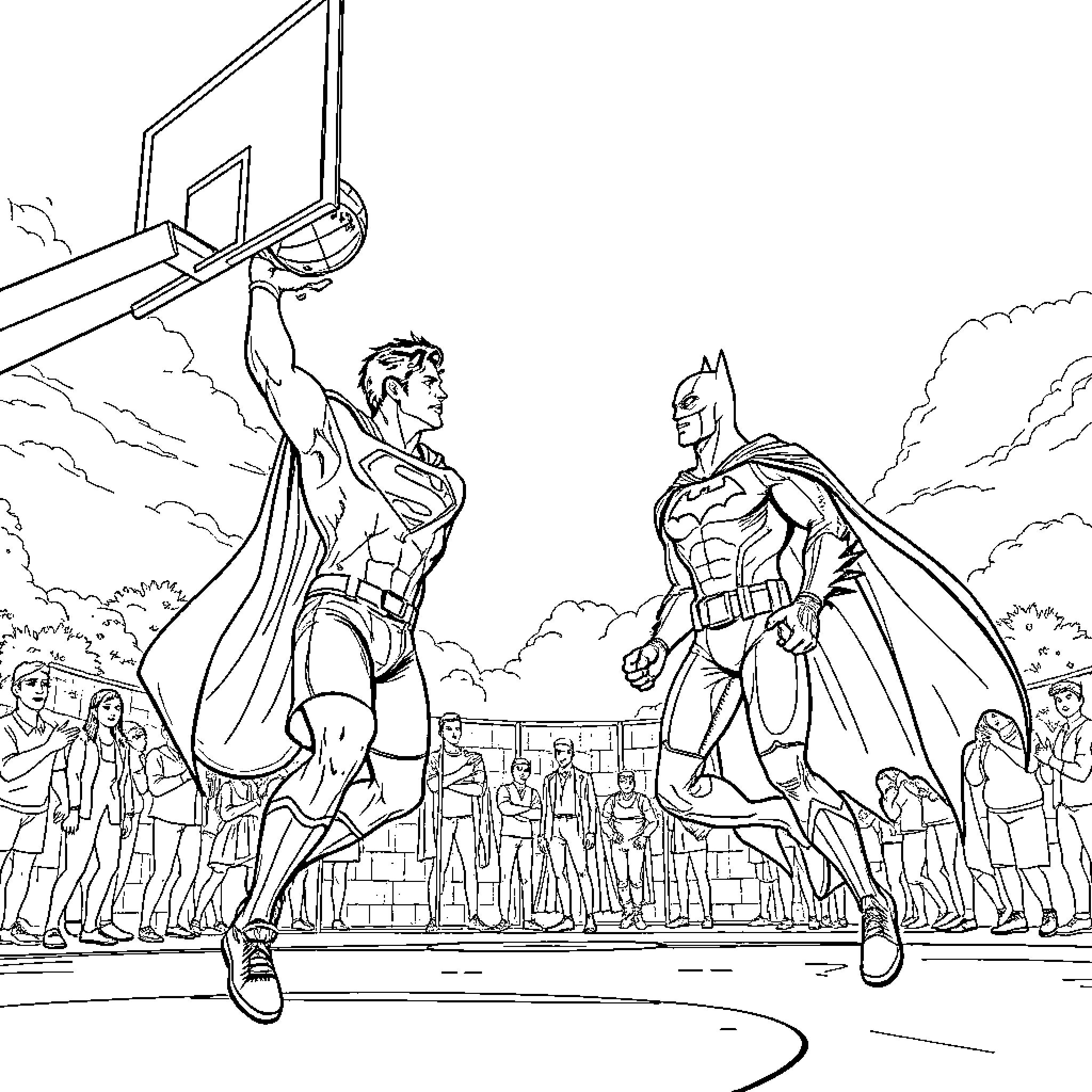 Superman and Batman playing basketball in the park Coloring Page (free black-and-white line drawing printable PDF for all, from beginners to advanced learners, including children, teens, adults, and seniors)