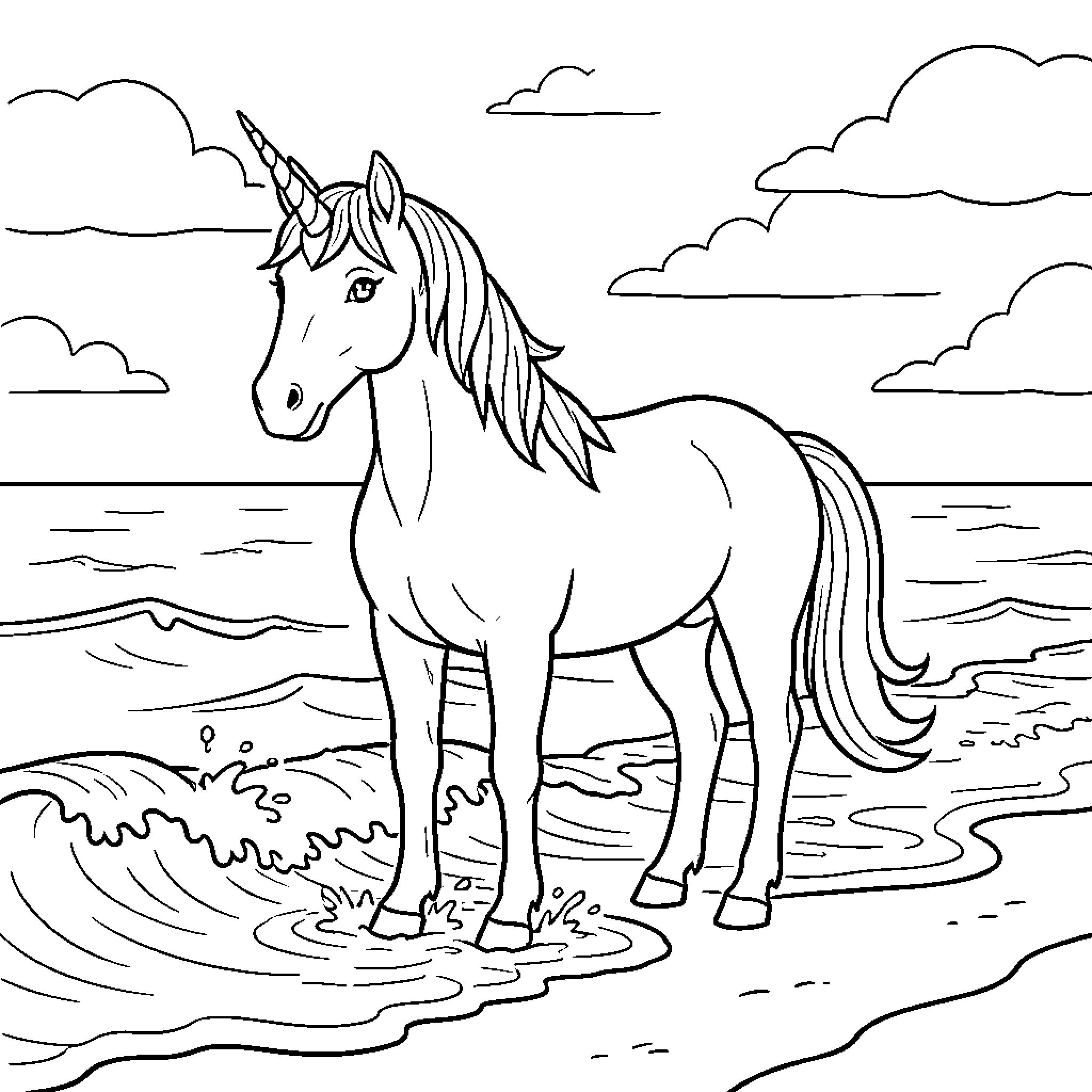 Unicorn standing peacefully by the ocean waves Coloring Page (free black-and-white line drawing printable PDF for all, from beginners to advanced learners, including children, teens, adults, and seniors)