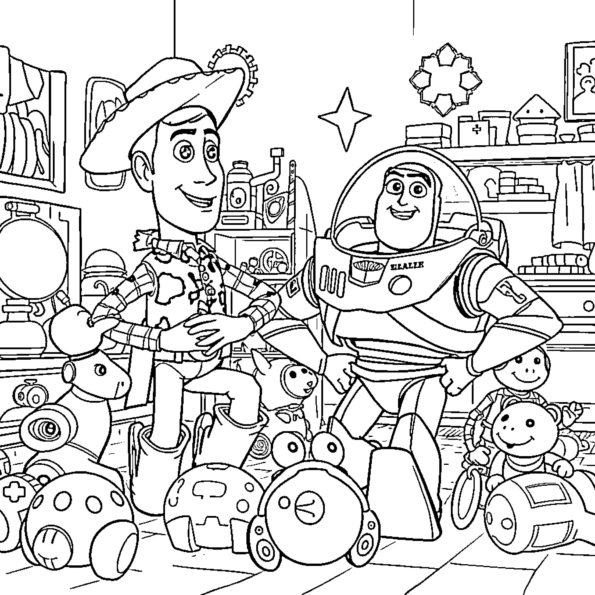 Toy Story Characters Gathered in Playroom Coloring Page (free black-and-white line drawing printable PDF for all, from beginners to advanced learners, including children, teens, adults, and seniors)