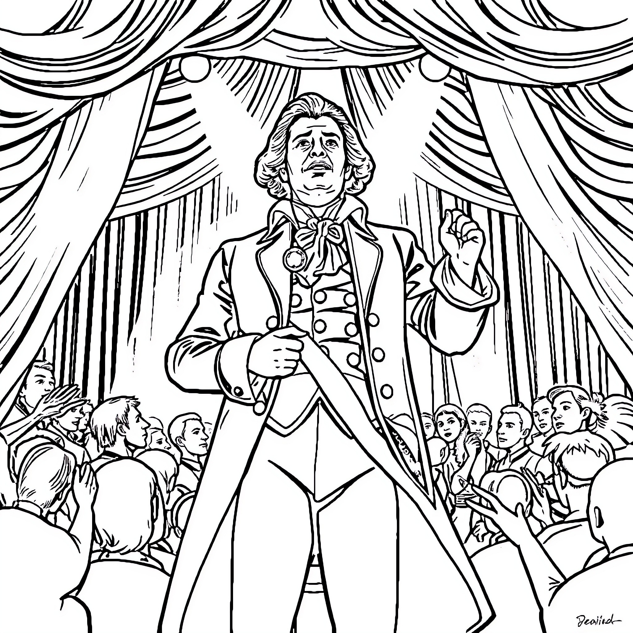 Hamilton Performing on Stage with Ensemble Coloring Page (free black-and-white line drawing printable PDF for all, from beginners to advanced learners, including children, teens, adults, and seniors)
