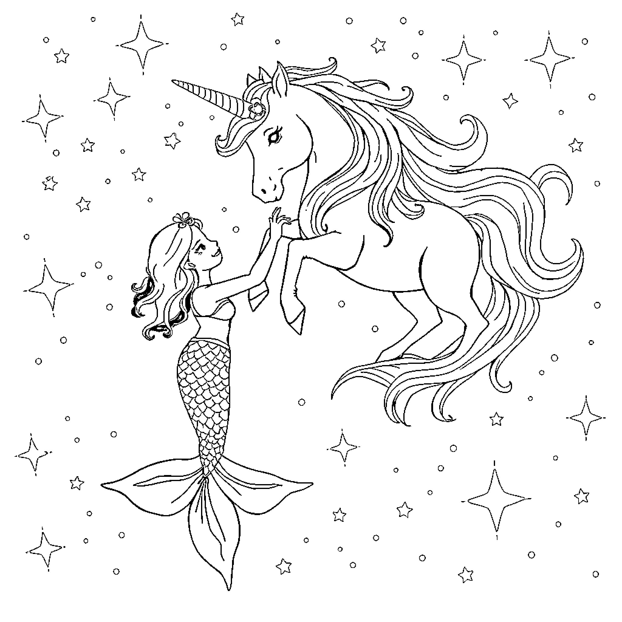 Mermaid and unicorn explore the starry night Coloring Page (free black-and-white line drawing printable PDF for all, from beginners to advanced learners, including children, teens, adults, and seniors)