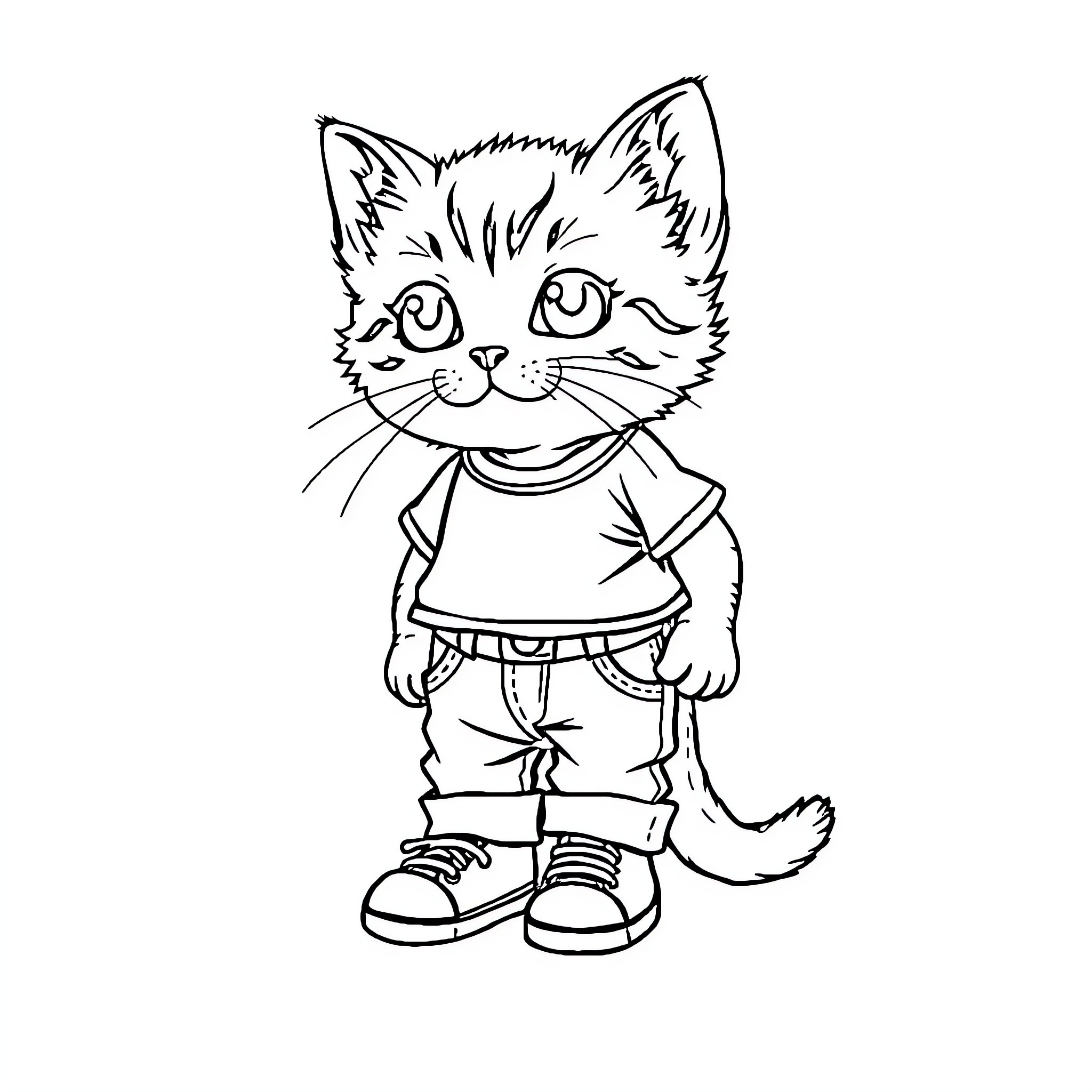 Kitten wearing casual outfit with sneakers Coloring Page (free black-and-white line drawing printable PDF for all, from beginners to advanced learners, including children, teens, adults, and seniors)