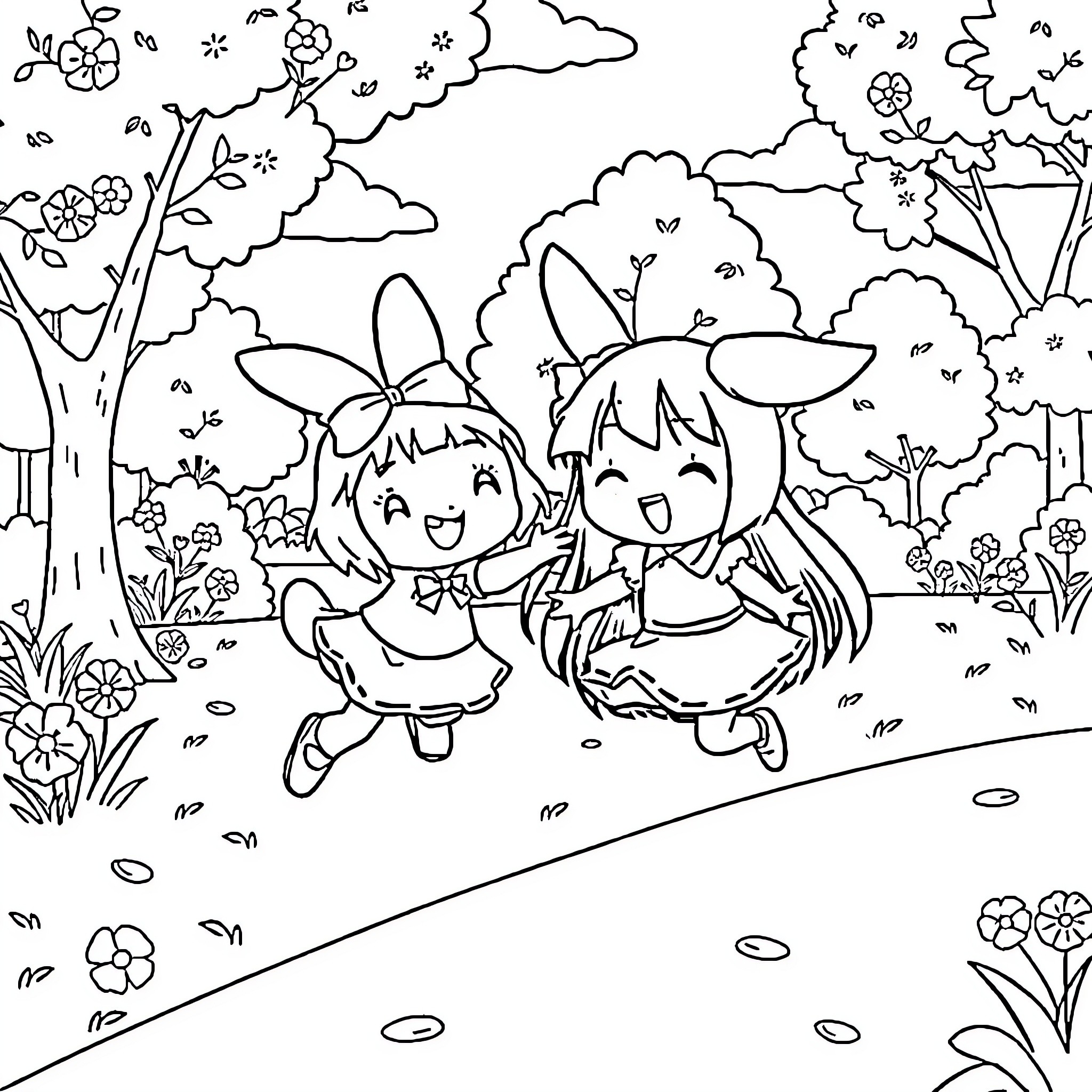 Kuromi and a friend playing happily in a flower-filled landscape Coloring Page (free black-and-white line drawing printable PDF for all, from beginners to advanced learners, including children, teens, adults, and seniors)
