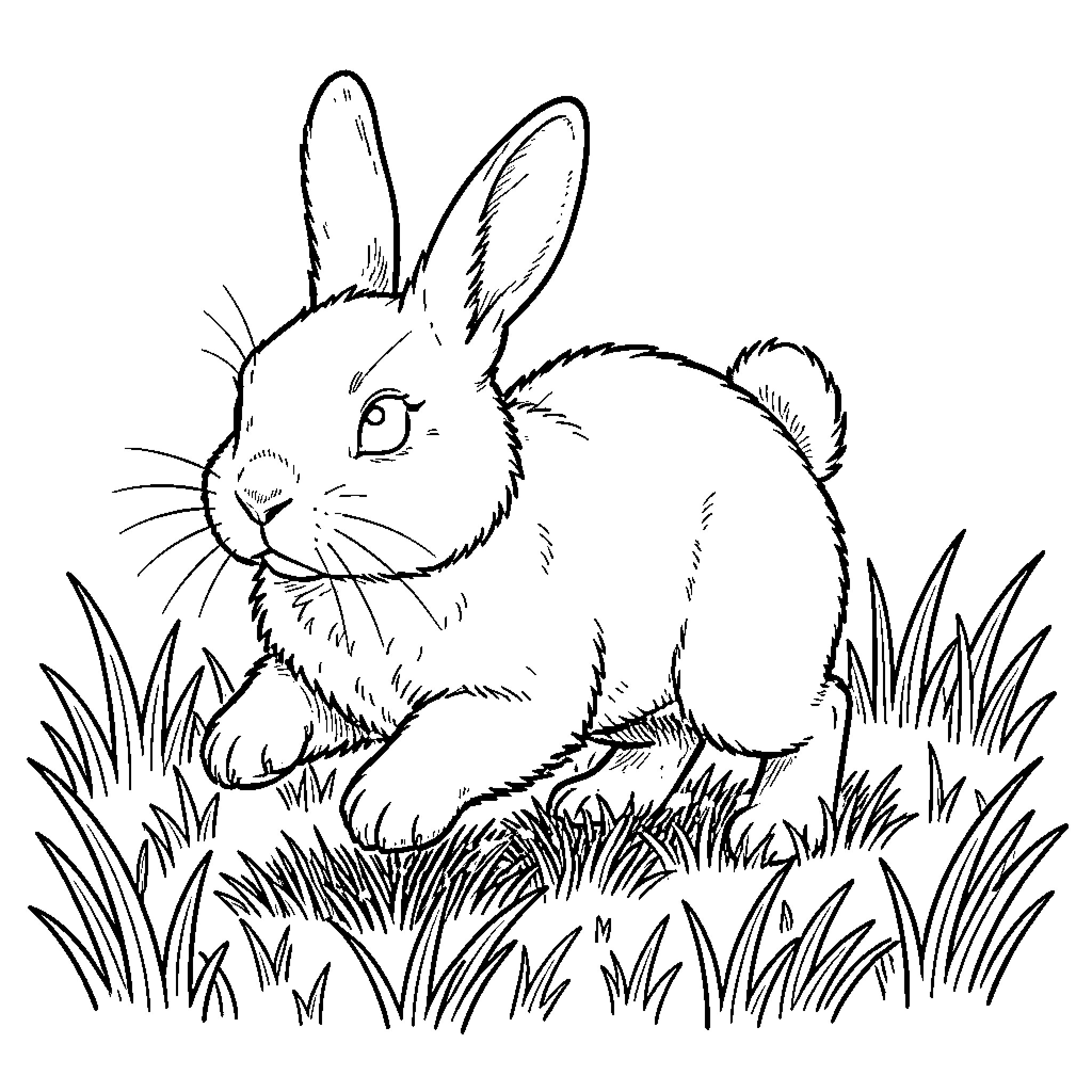 Bunny hopping through the tall green grass Coloring Page (free black-and-white line drawing printable PDF for all, from beginners to advanced learners, including children, teens, adults, and seniors)