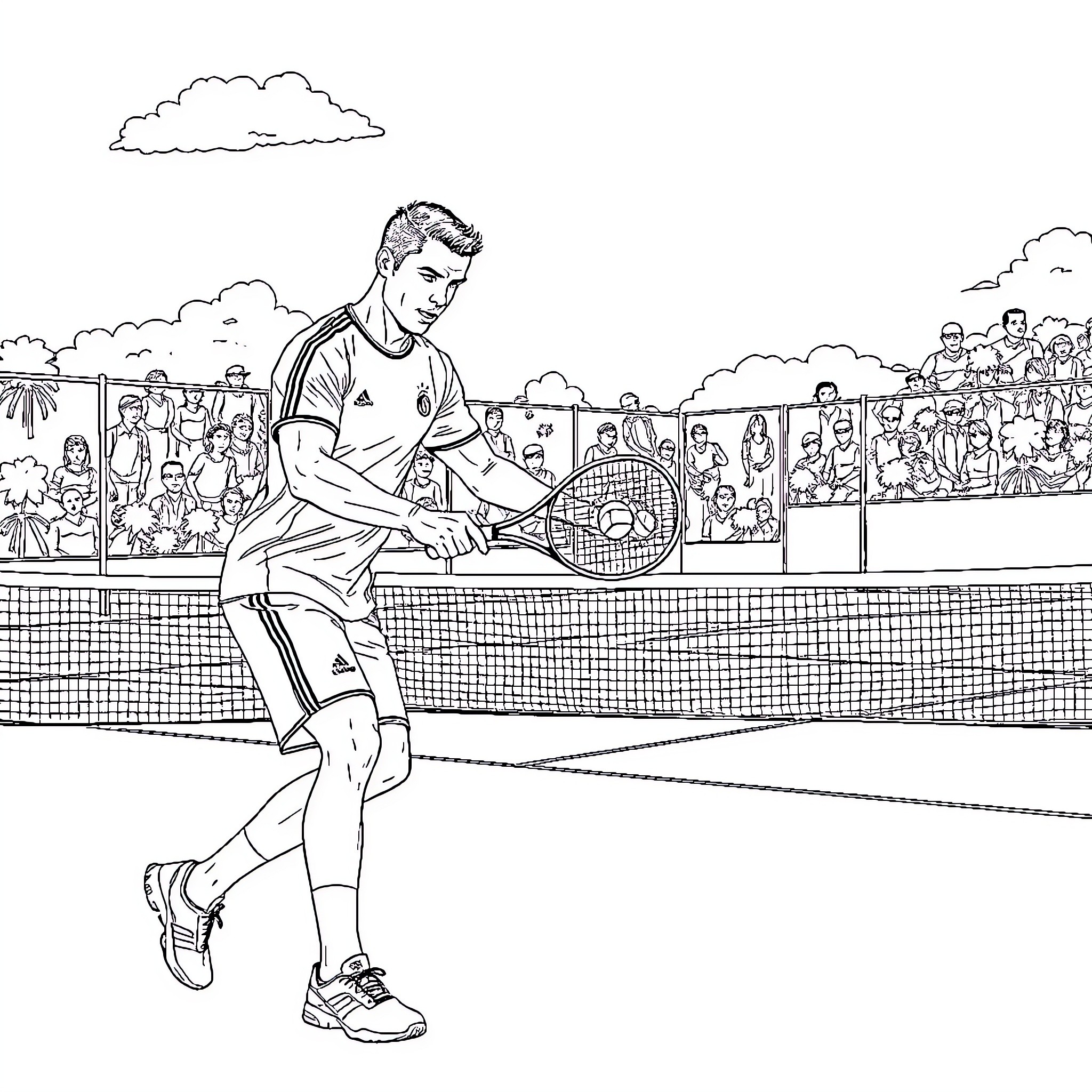 Cristiano Ronaldo playing tennis on the court Coloring Page (free black-and-white line drawing printable PDF for all, from beginners to advanced learners, including children, teens, adults, and seniors)